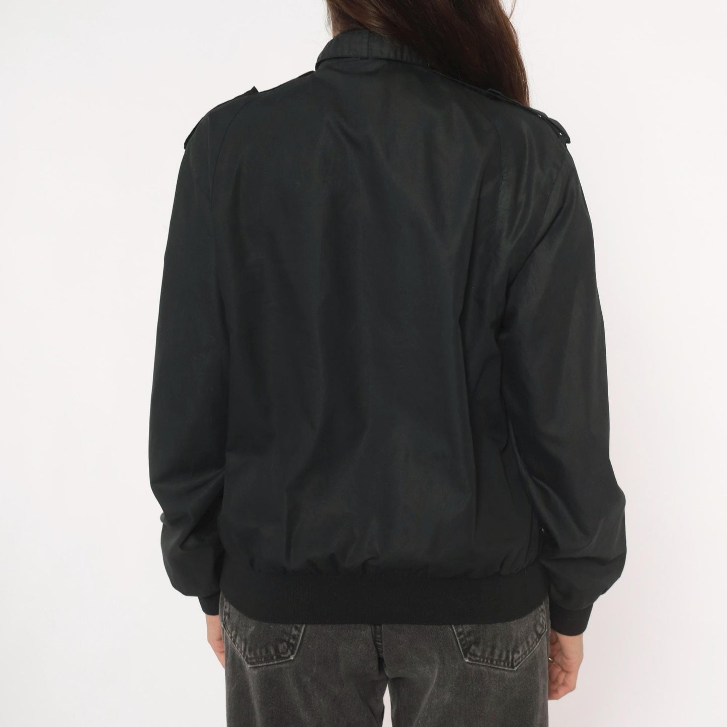 80s Hampton Country Club Black Bomber Jacket Snap Collar Epaulette Extra Small XS