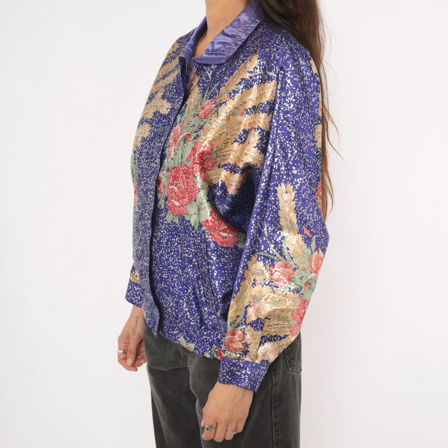 90s GDT Too Floral Metallic Bomber Jacket Purple Gold Reversible Satin Small Medium