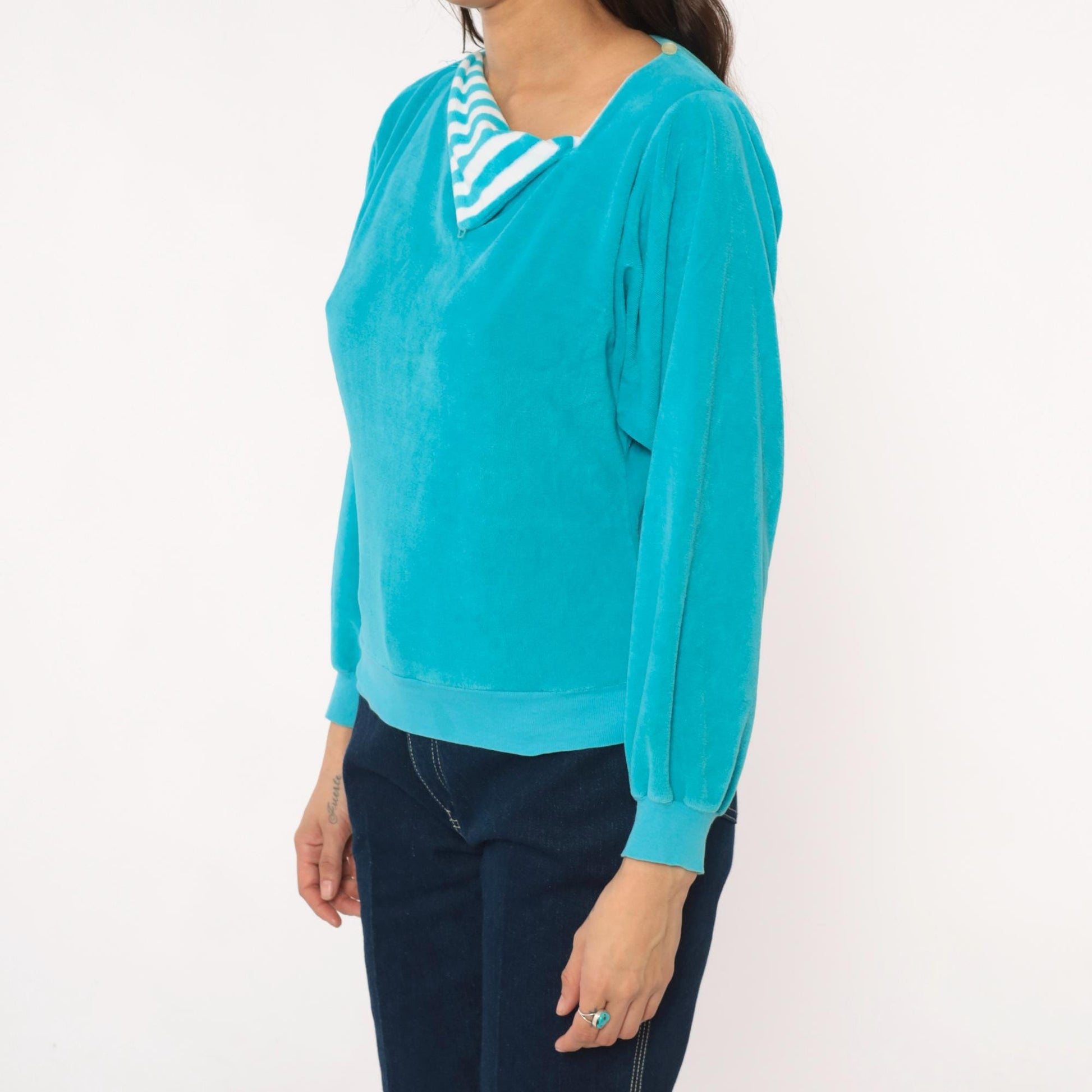 80s Terrycloth Sweatshirt Teal Asymmetrical Neck Striped Collar Pullover Small