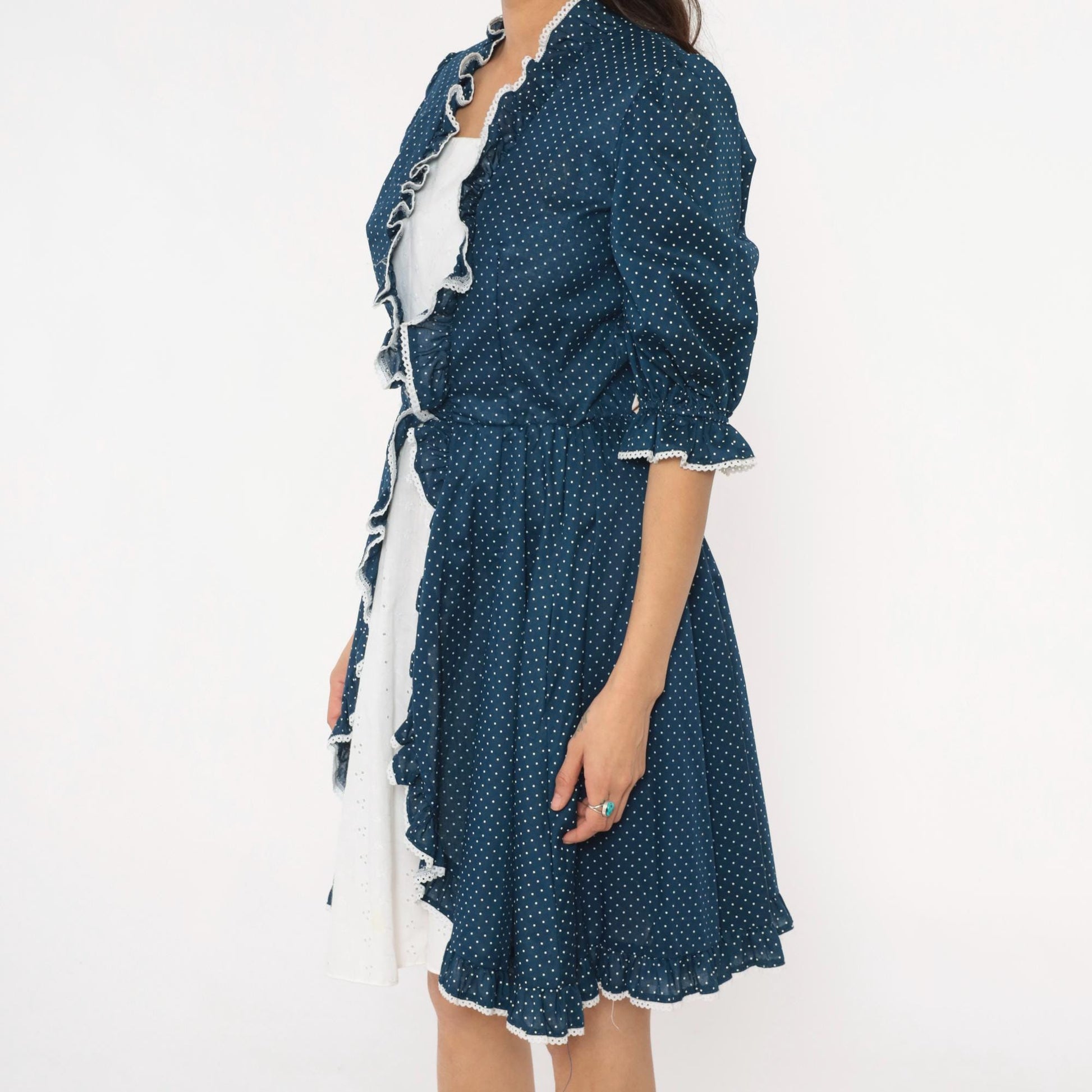 80s Navy Polka Dot Square Dance Dress White Eyelet Ruffle Cotton Small
