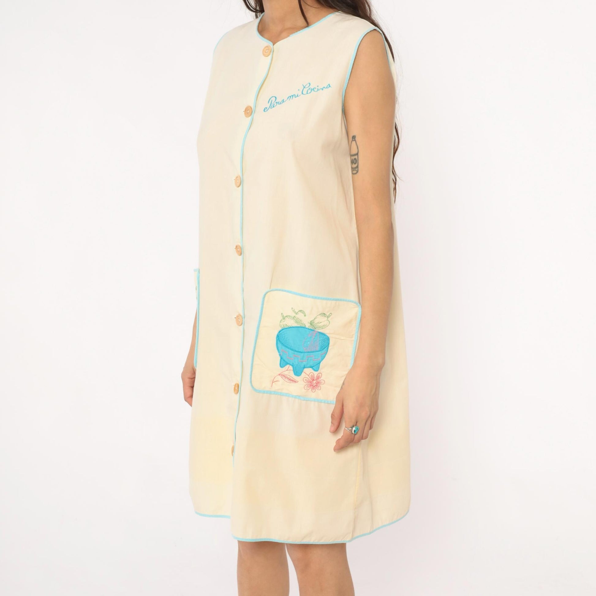 80s Yellow Cotton House Dress Para Mi Cocina Embroidered Molcajete Medium
