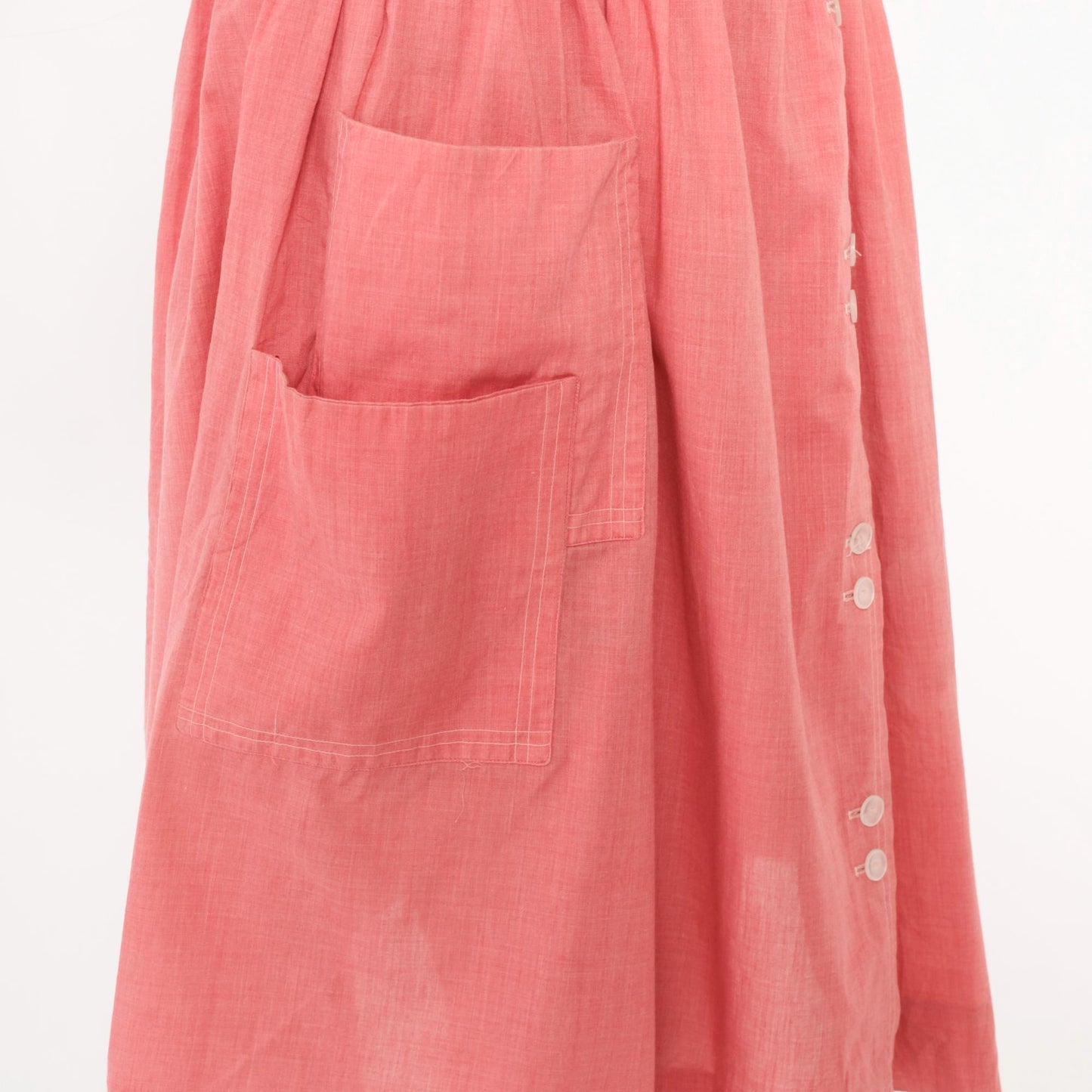 70s Coral Pink Cotton Day Dress Button Front Gathered Skirt Pockets Medium Large