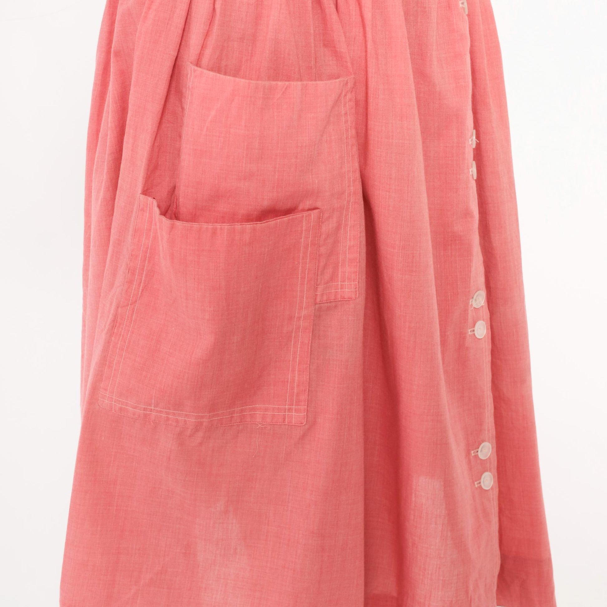 70s Coral Pink Cotton Day Dress Button Front Gathered Skirt Pockets Medium Large