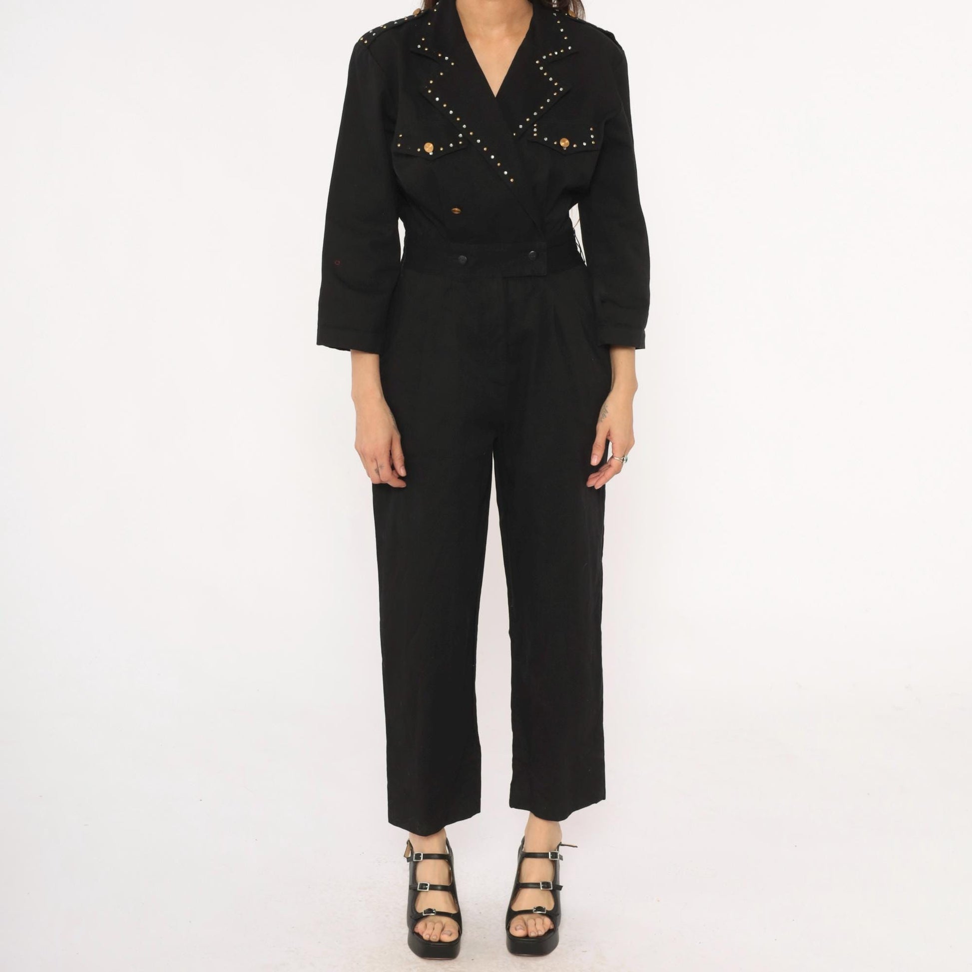 90s D Frank Black Cotton Jumpsuit Rhinestone V-Neck Wide Leg Small S