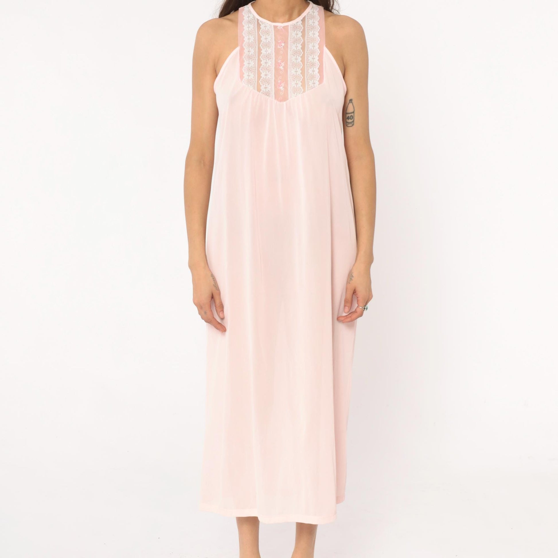80s Pink Halter Maxi Nightgown Lace Floral Embroidered Empire Waist Medium