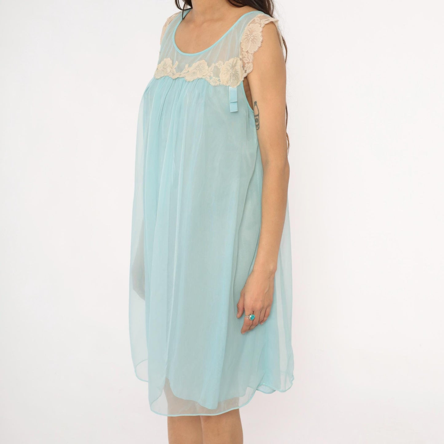 70s Aqua Babydoll Nightgown Sheer Lace Empire Waist Negligee Medium