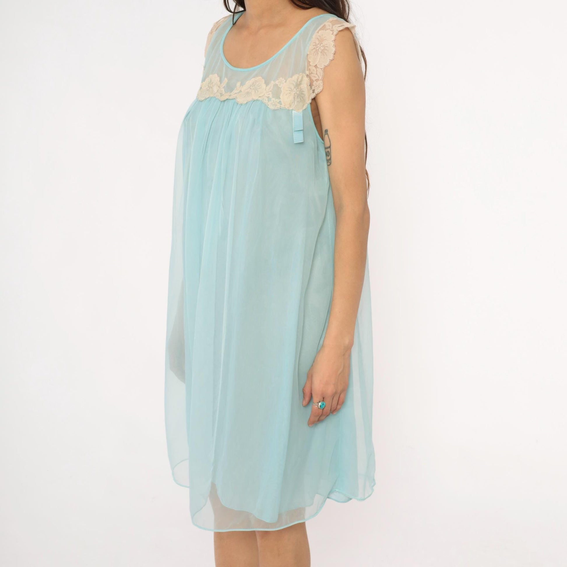 70s Aqua Babydoll Nightgown Sheer Lace Empire Waist Negligee Medium