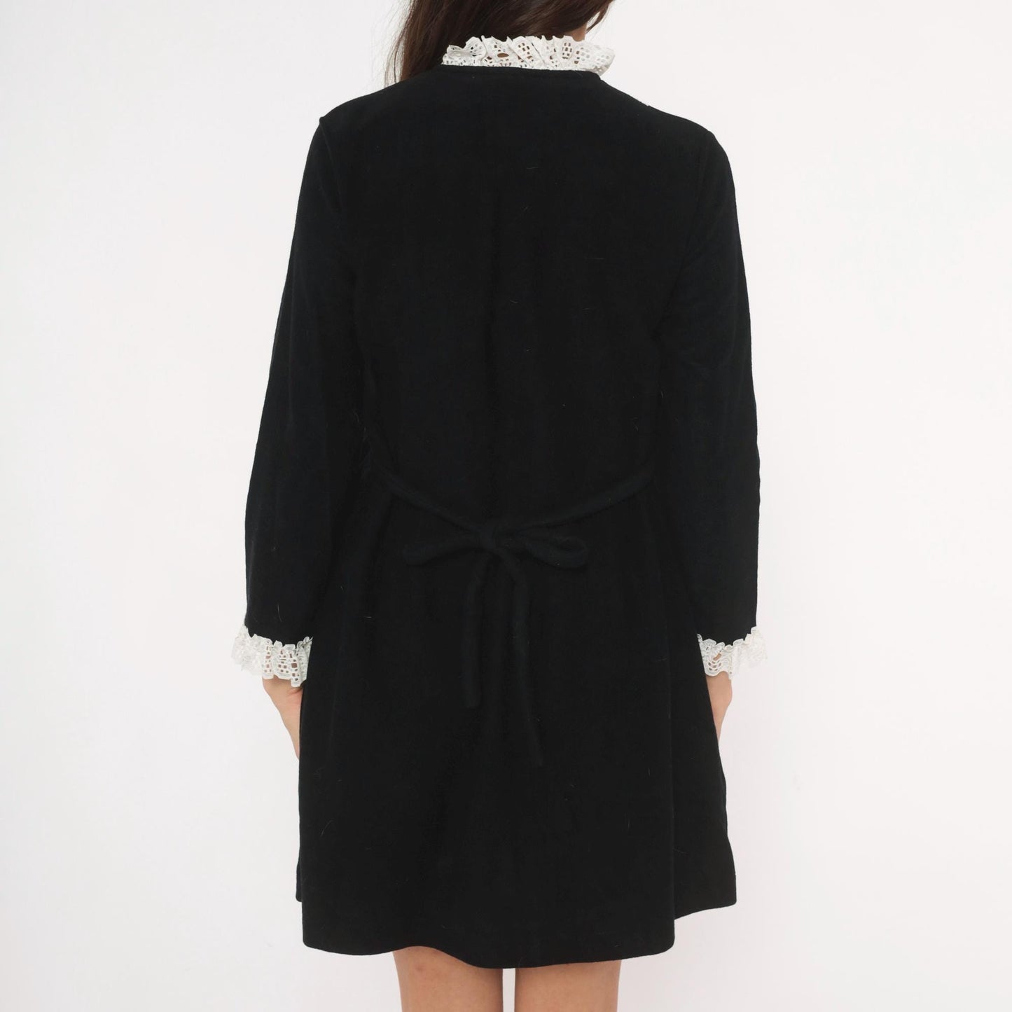 70s Black Velvet Mini Dress White Lace Trim High Neck Button Front A-Line Small S