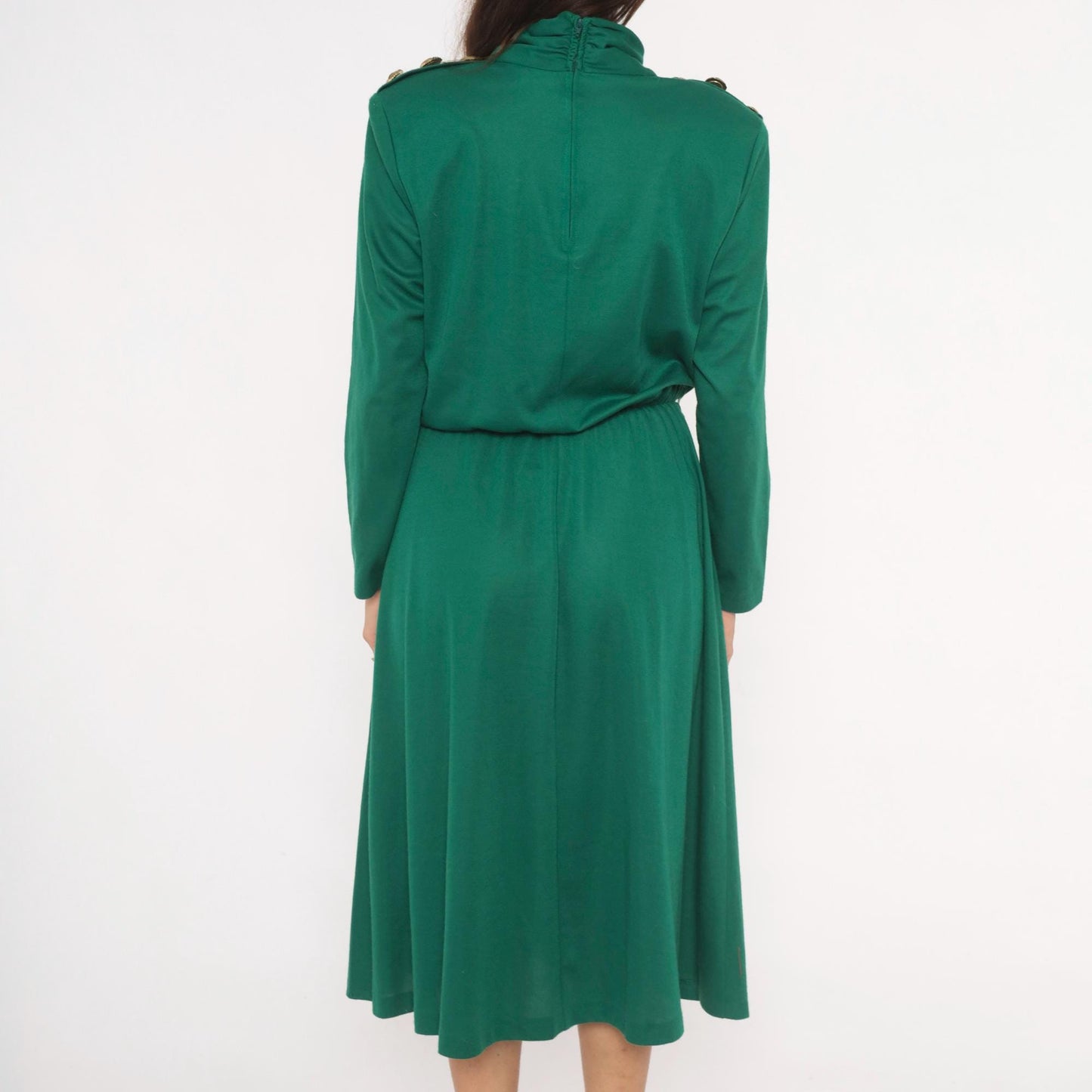 80s Impromptu Emerald Cowl Neck Midi Dress Gold Button Long Sleeve Large L