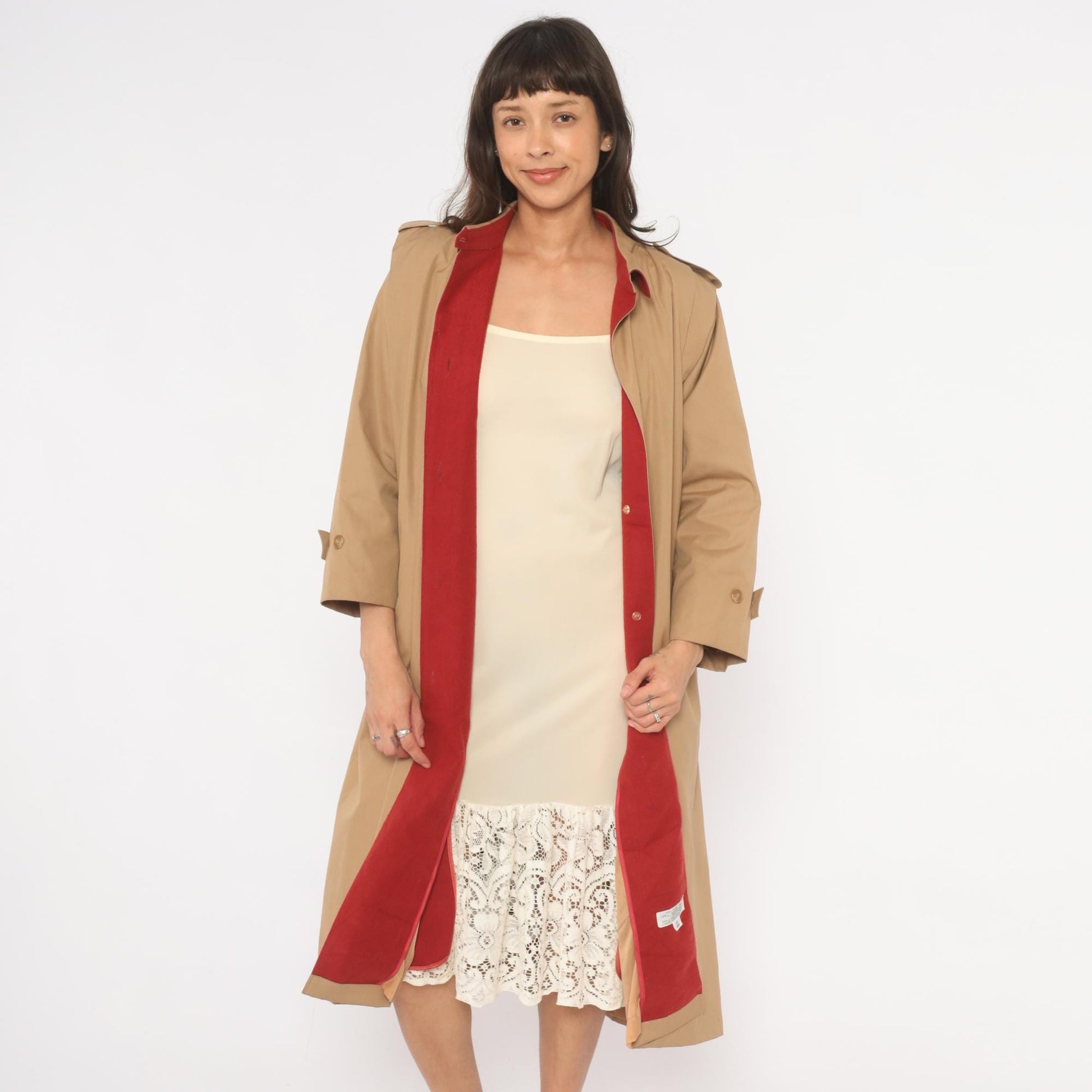 80s Tan Trench Coat Red Lined Button Front Epaulette Knee Length Large L