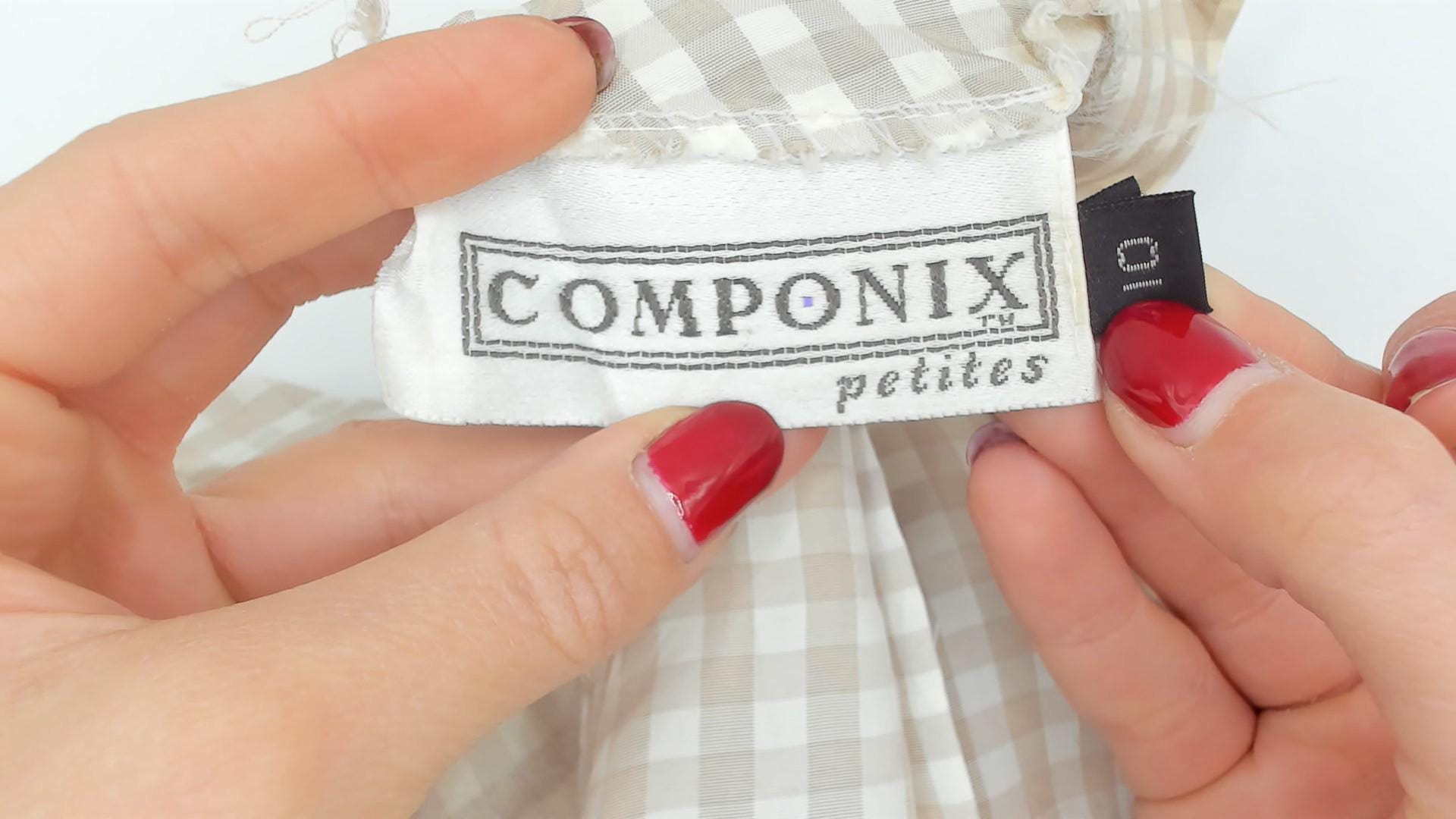 80s Componix Gingham Cap Sleeve Blouse Tan White Pintuck Peplum Medium