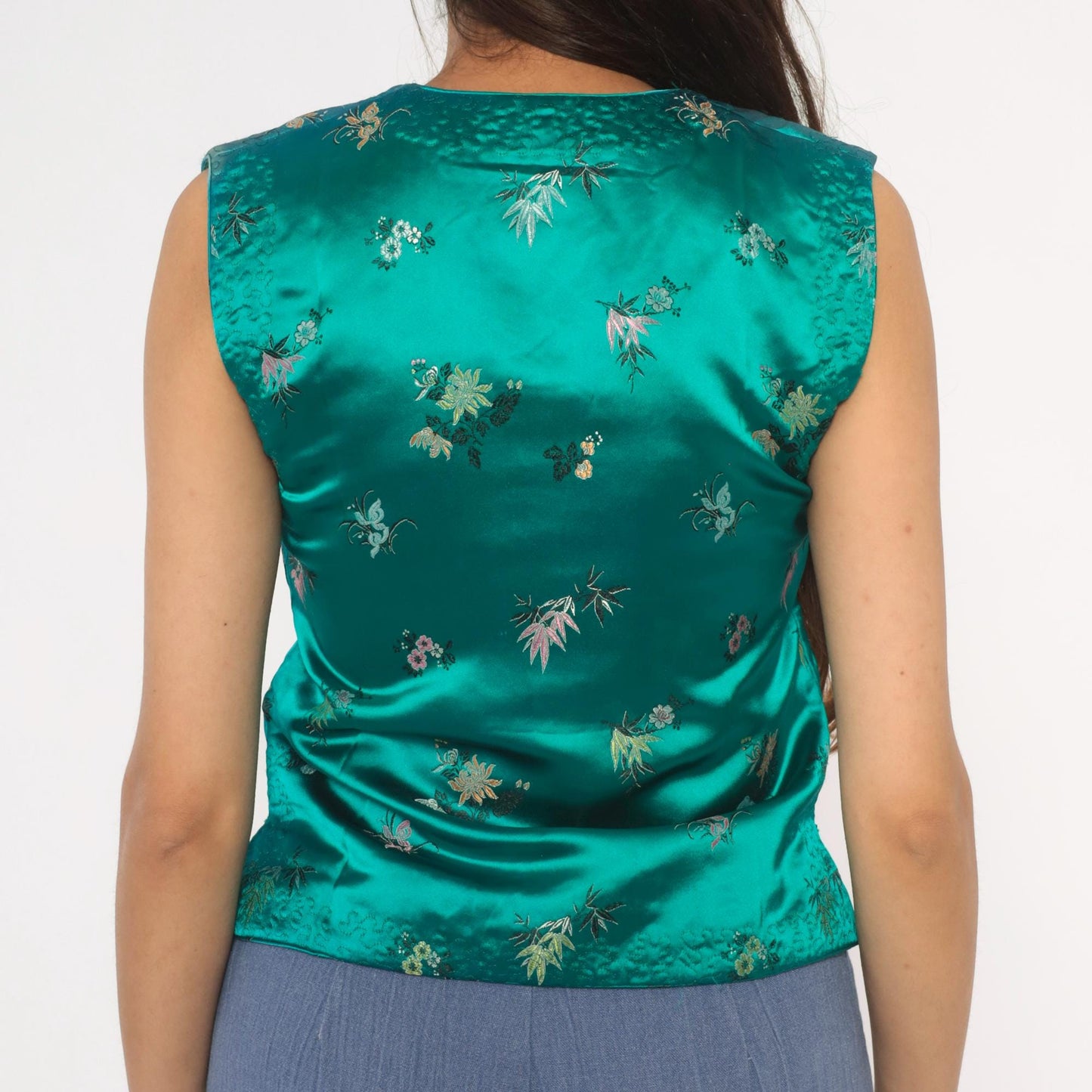 80s Esme Teal Satin Brocade Vest Floral Embroidered Frog Button Sleeveless Extra Small