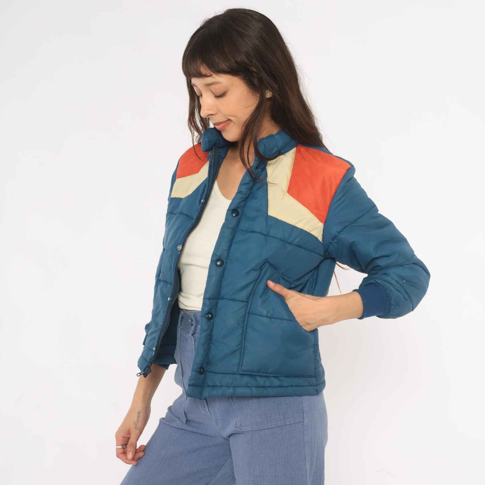 70s Navy Orange Cream Chevron Puffer Jacket Quilted Bomber Ski Coat XS