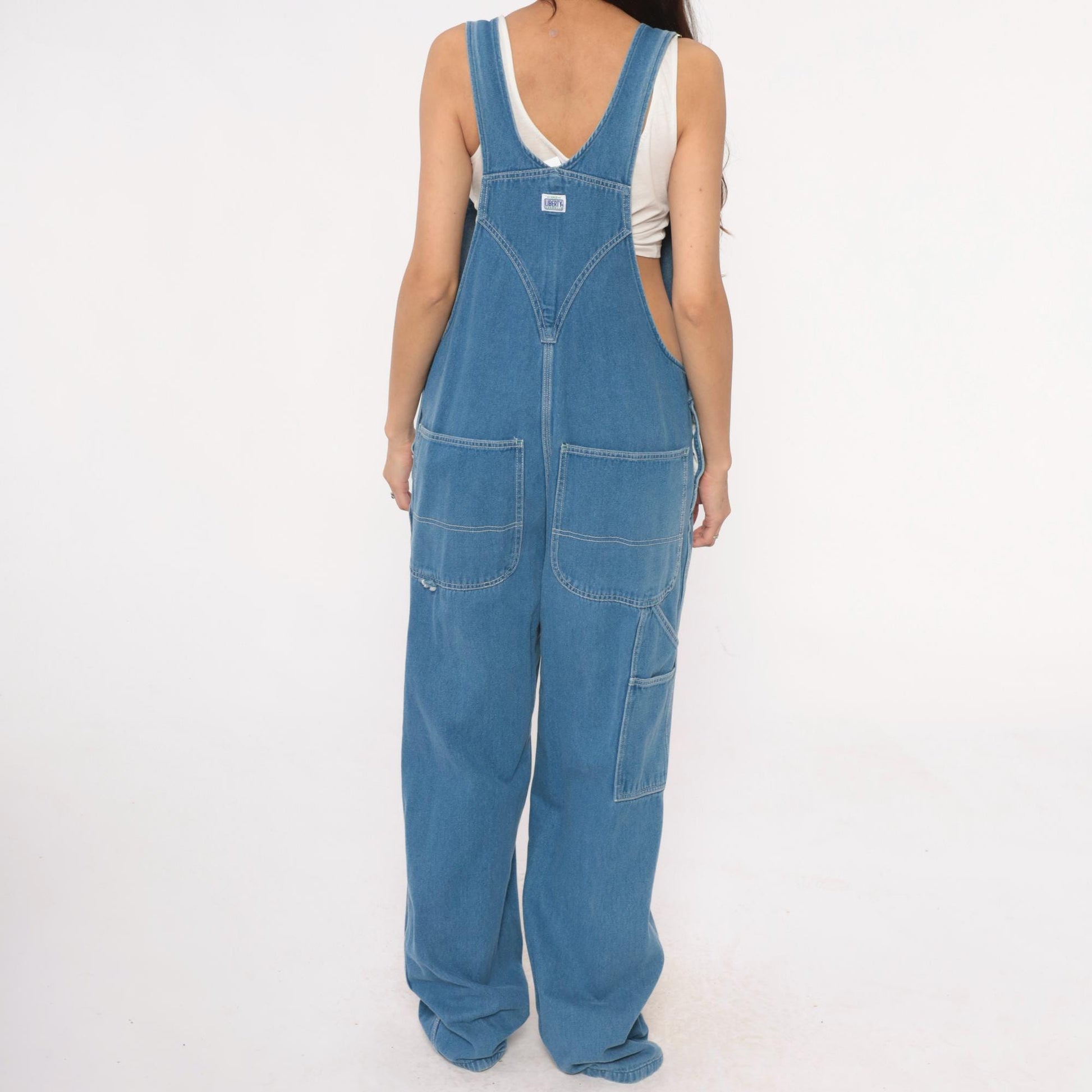 90s Liberty Denim Overalls Blue Green Stitching Unisex Medium