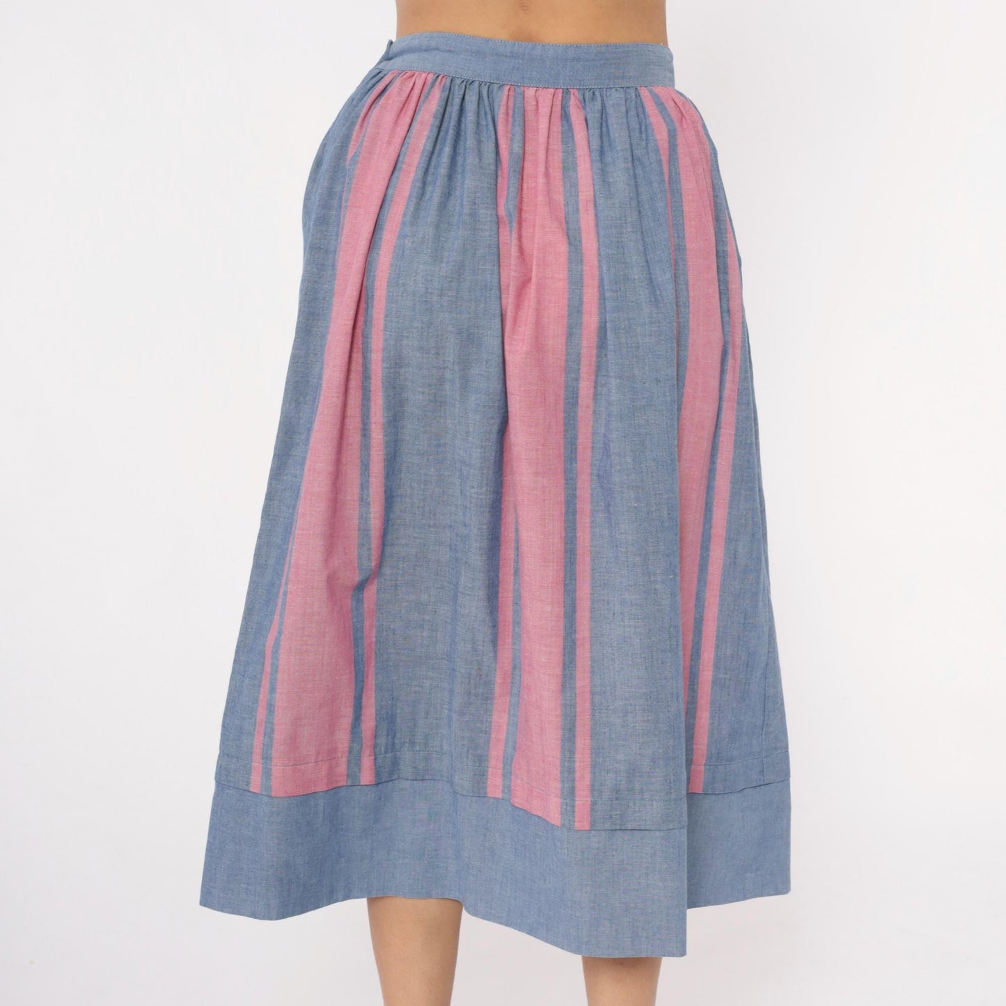 80s Blue Pink Striped Midi Skirt High Waist Gathered Full Skirt Small S