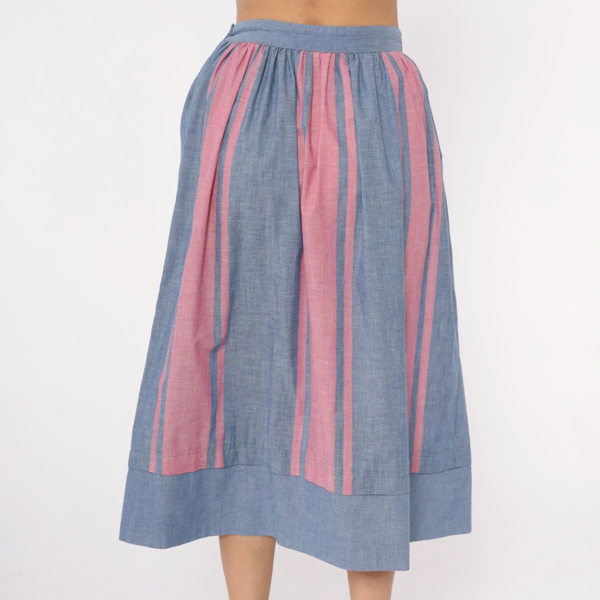 80s Blue Pink Striped Midi Skirt High Waist Gathered Full Skirt Small S