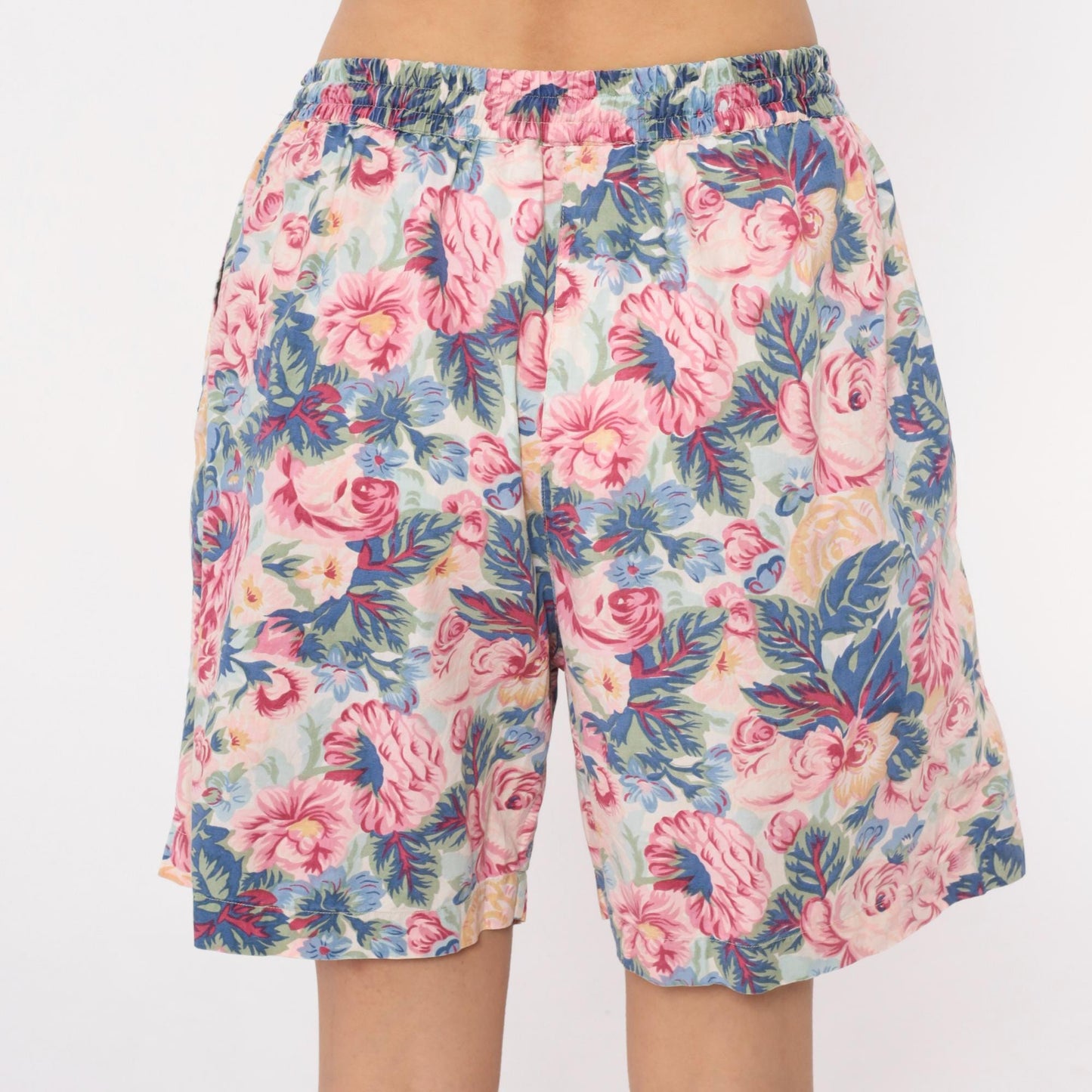 90s Kikimi Sketches Floral Shorts High Waist Wide Leg Cream Cotton Medium M