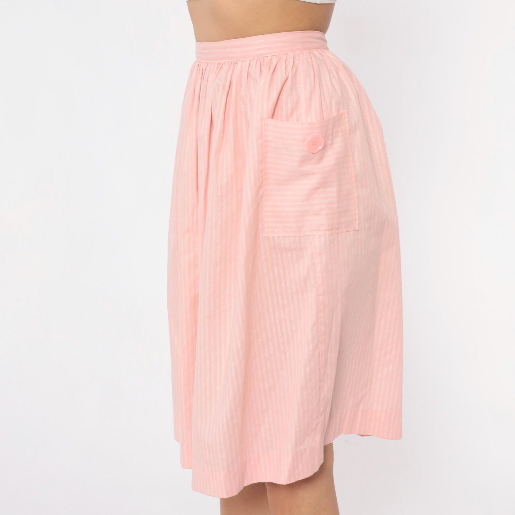 60s Pink Striped Cotton Skirt High Waist Pleated Knee Length Extra Small XS