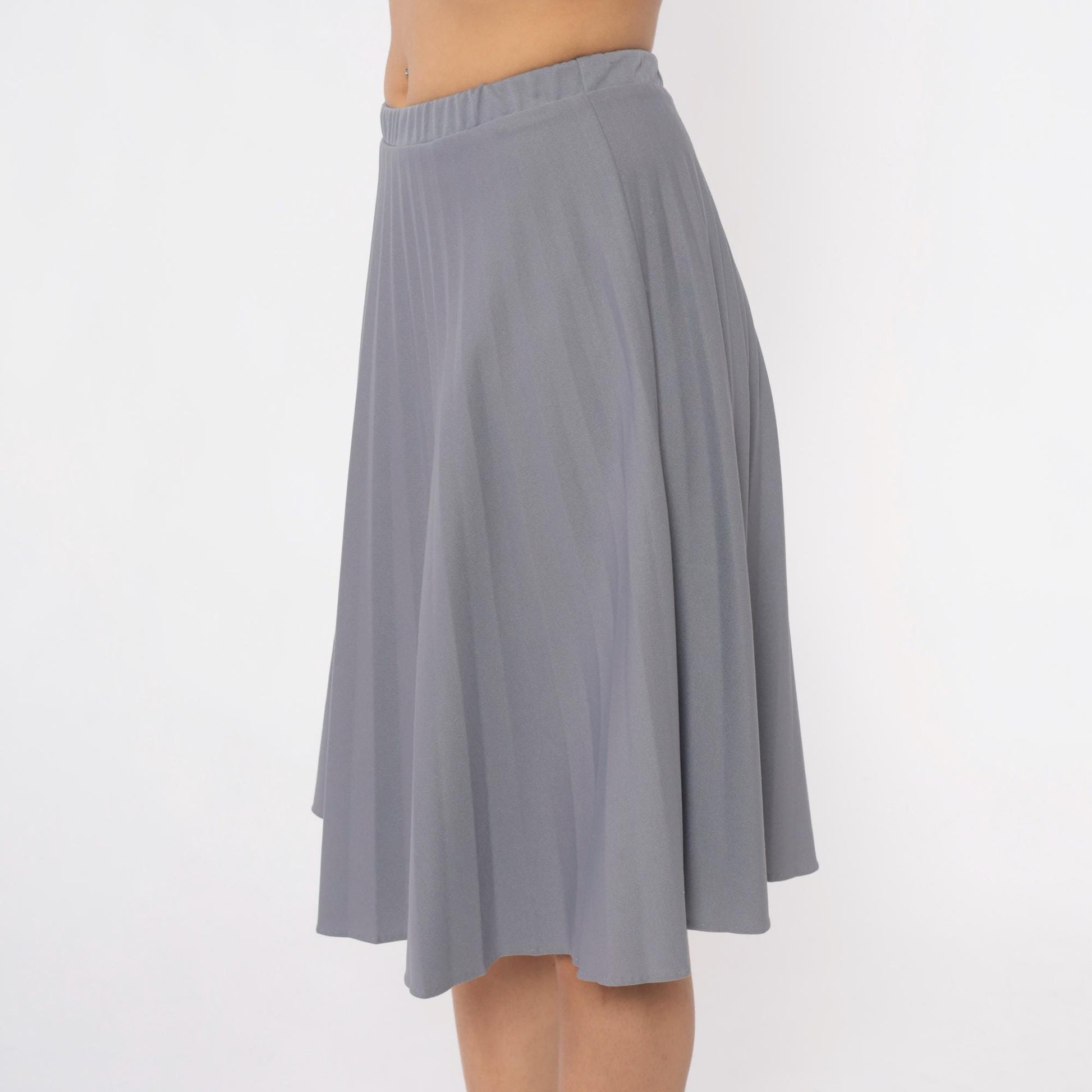 70s Grey Pleated Skirt Elastic Waist Knee-Length A-Line Medium
