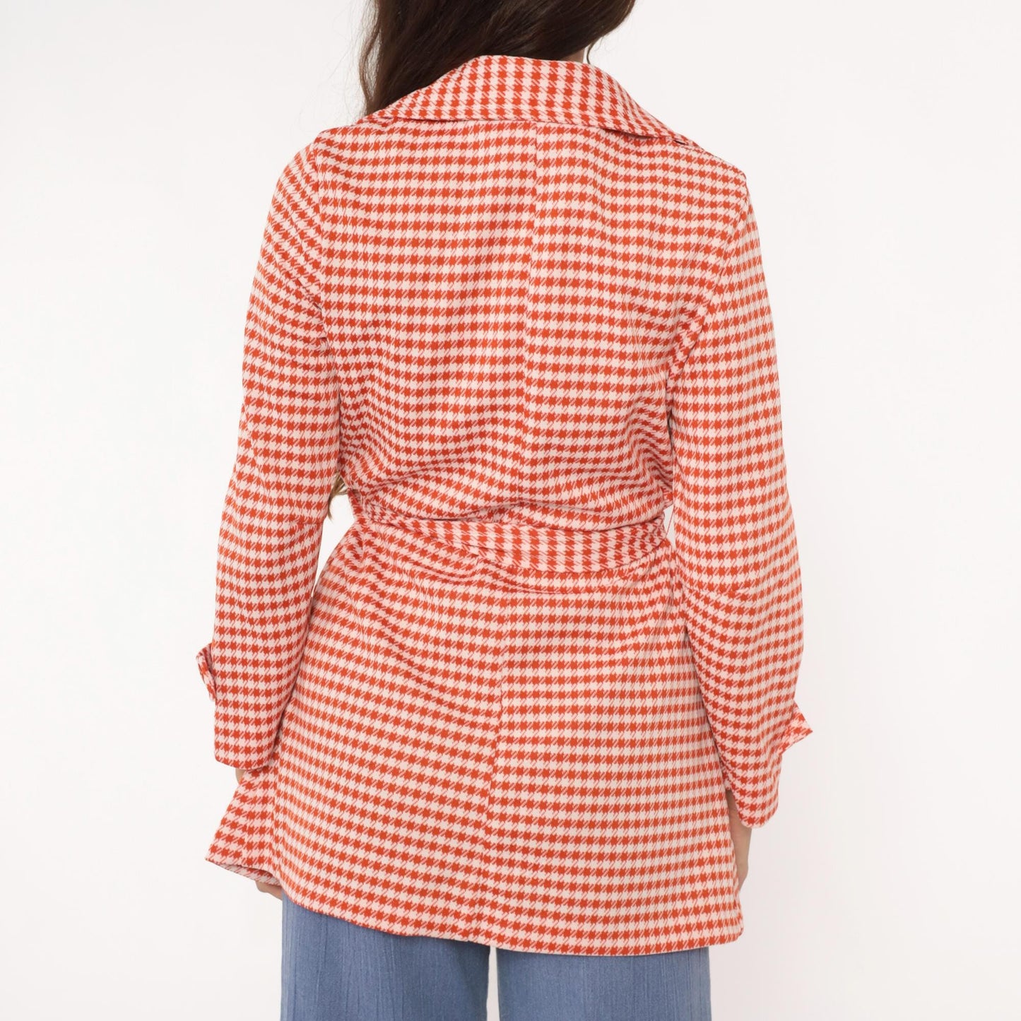 70s Houndstooth Wrap Jacket Red White Checkered Collared Blazer Medium