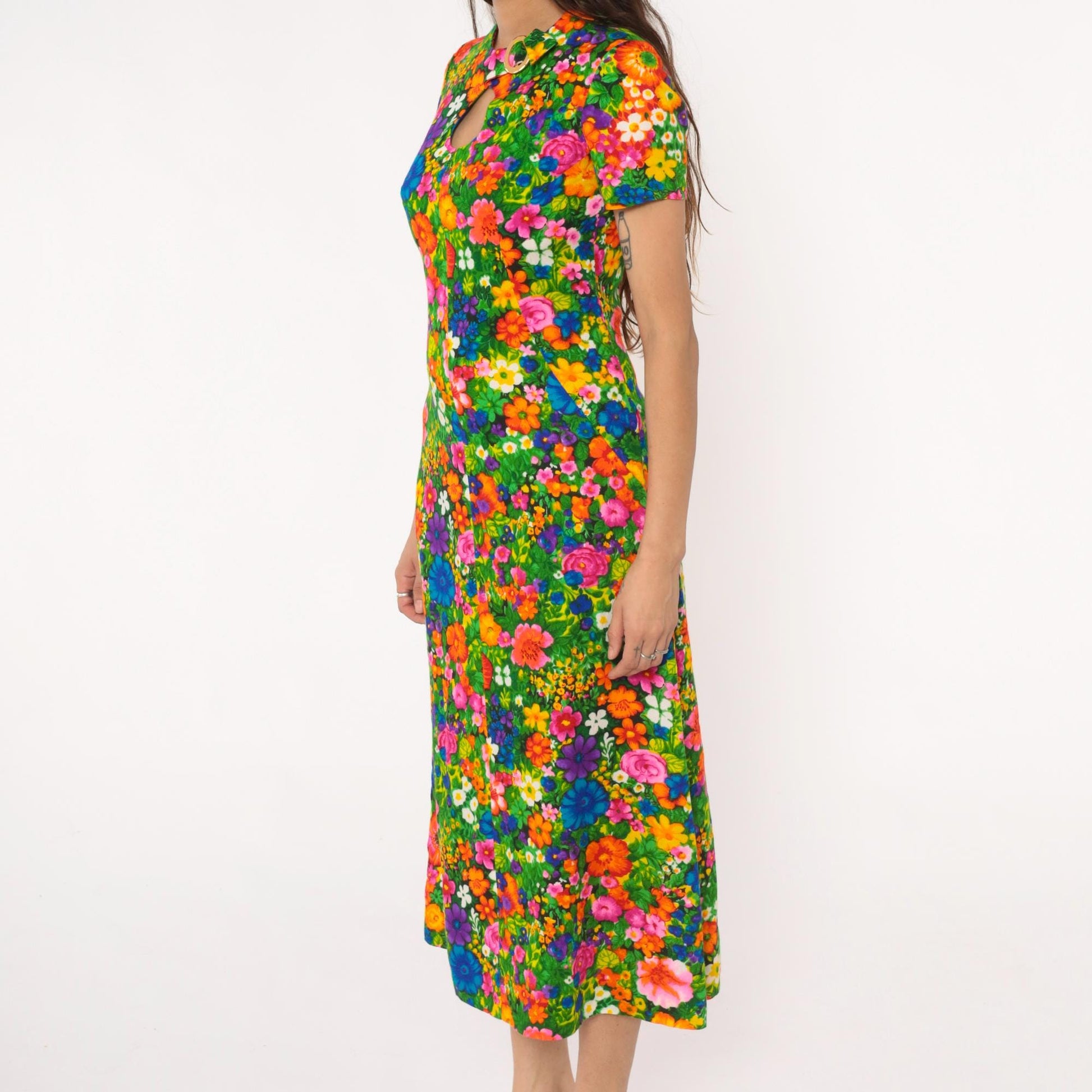 70s Floral Maxi Dress Keyhole Neckline Short Sleeve Cotton Rainbow Small