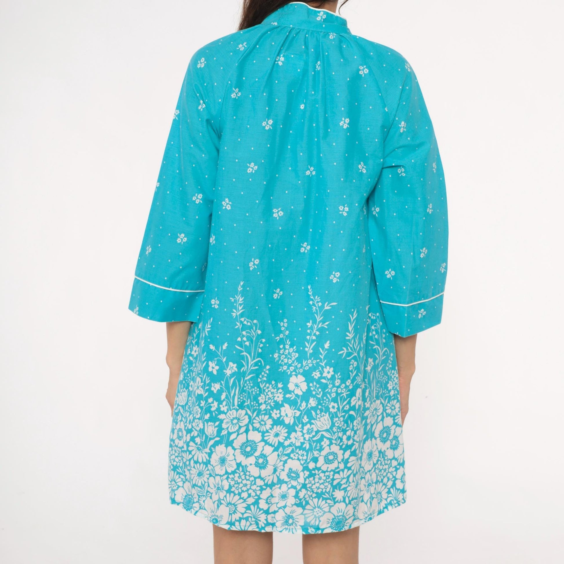 80s Dan Ellen Turquoise Floral Shift Dress Mandarin Collar Small