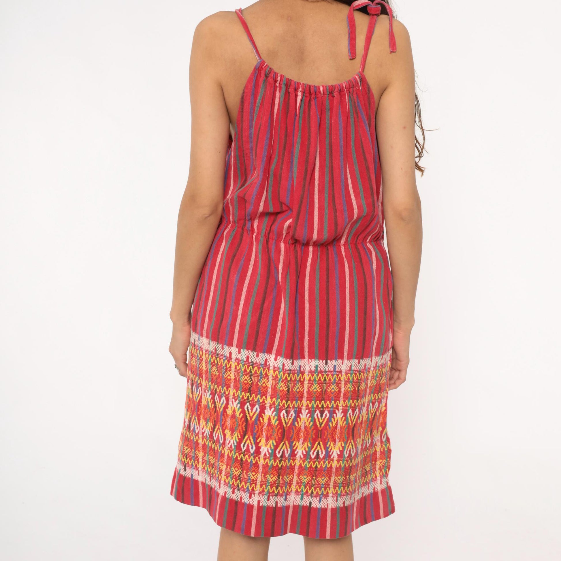 90s Red Striped Cotton Sundress Tribal Ikat Border Tie Strap Large