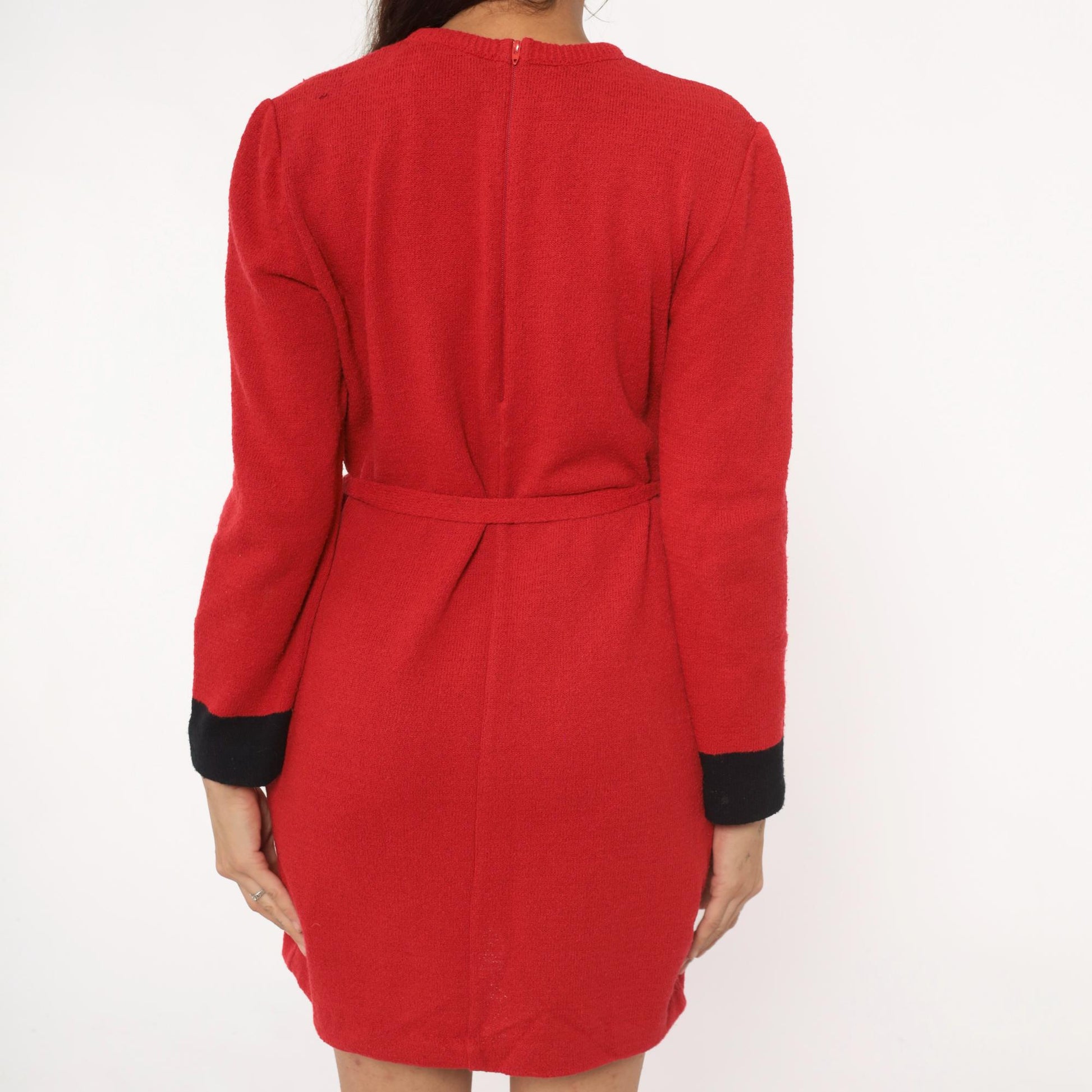 80s Castleberry Red Sweater Dress Gold Buttons Black Cuffs Tie Belt Medium