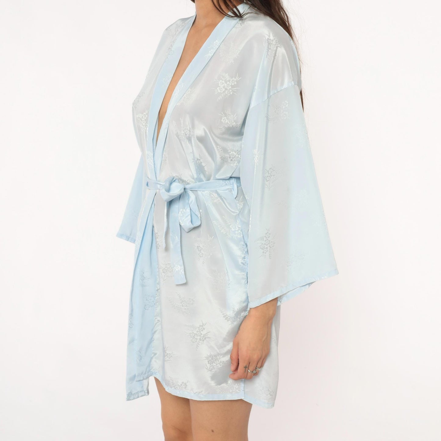 80s Pale Blue Kimono Robe Floral Print Wrap Shawl Collar Medium