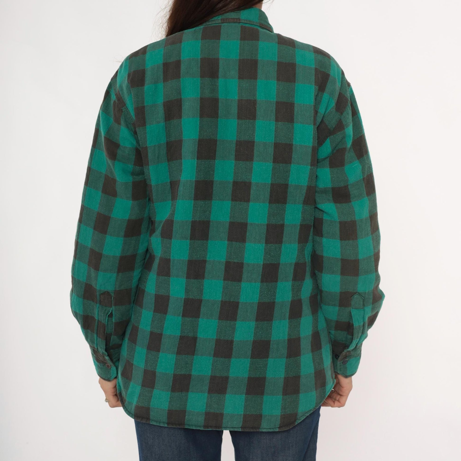 90s Sports Afield Buffalo Plaid Flannel Shirt Green Black Quilted Medium M