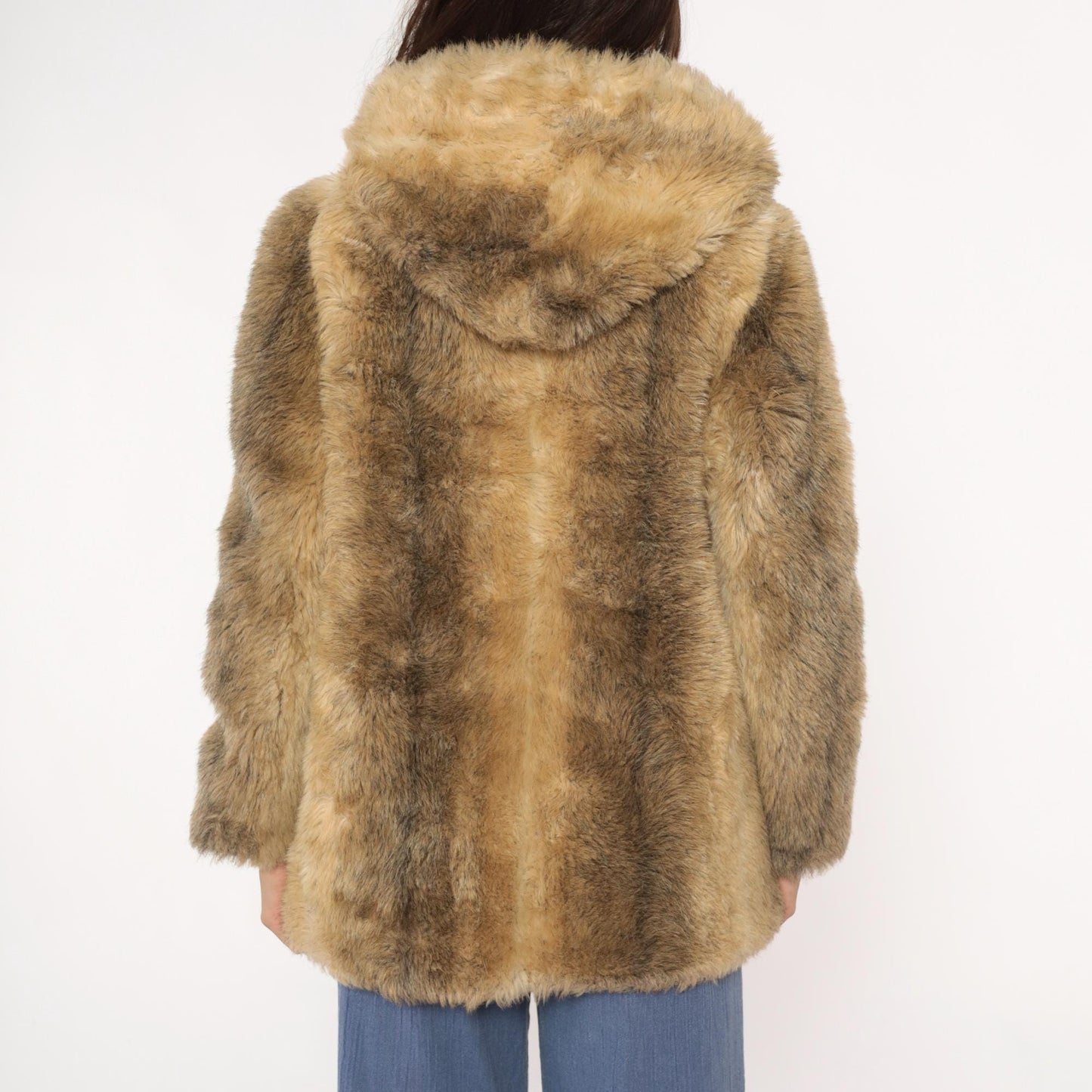 70s Beekman Place Faux Fur Hooded Coat Beige Brown Vinyl Trim Medium