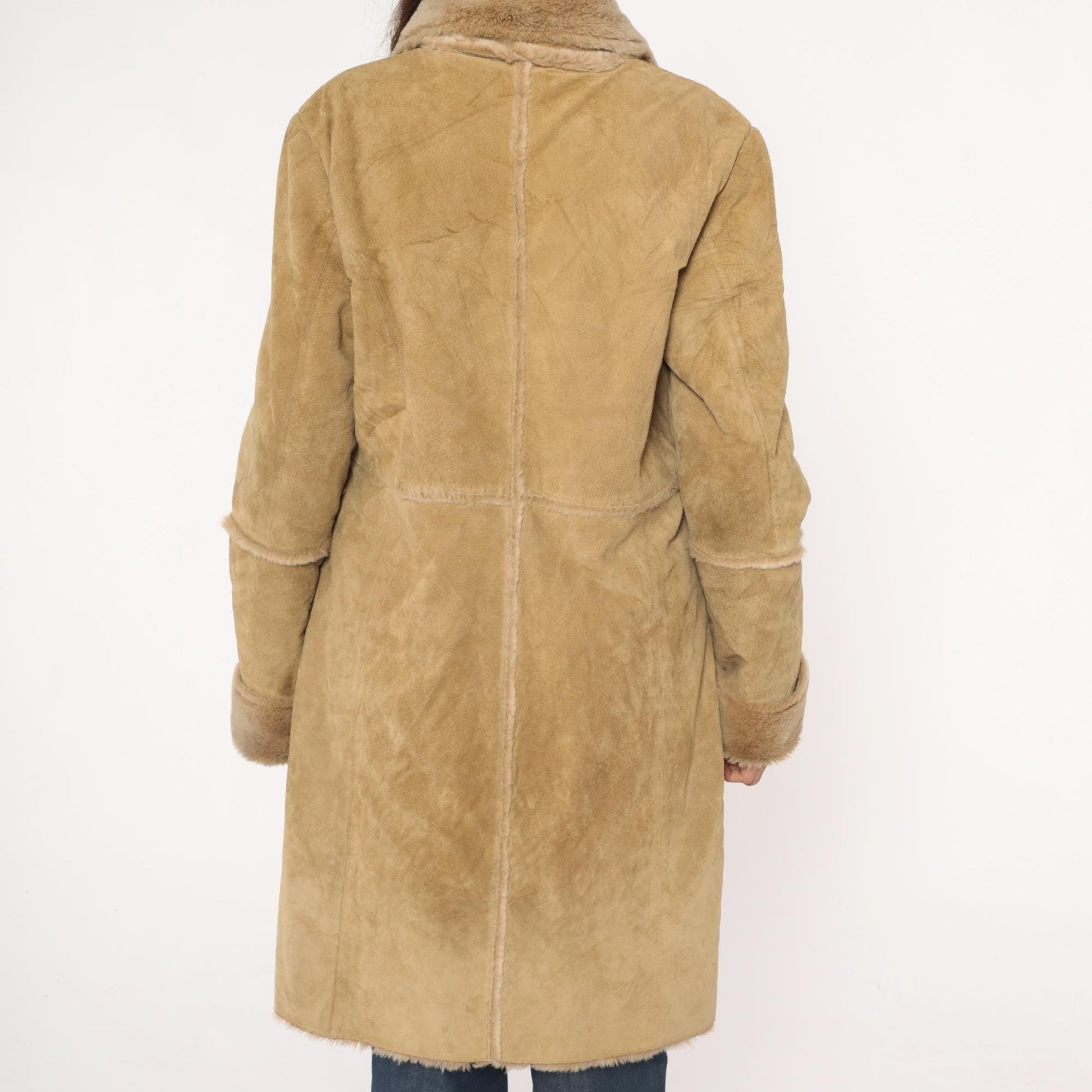 Y2K Brandon Thomas Leather Shearling Coat Tan Knee-Length Large L