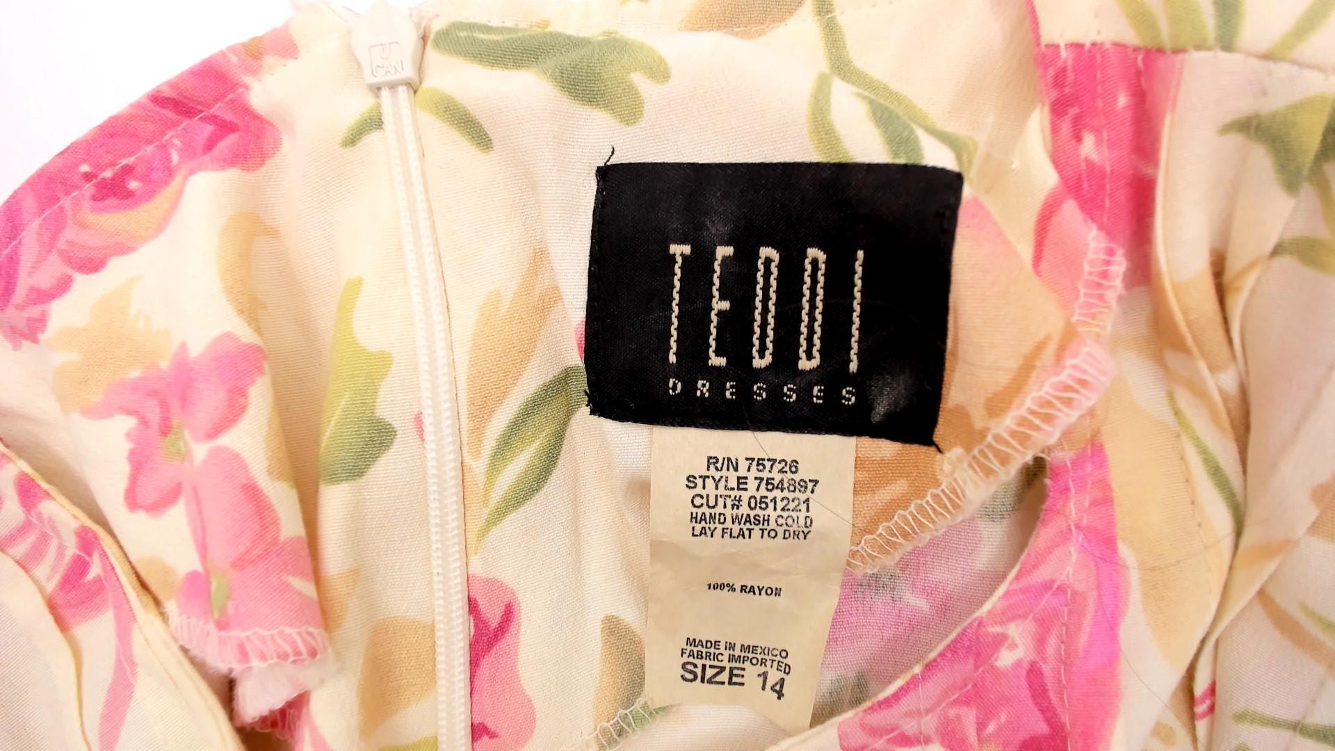 90s Teddi Floral Midi Dress Cream Pink Roses Pintuck Bodice Tie Back Large