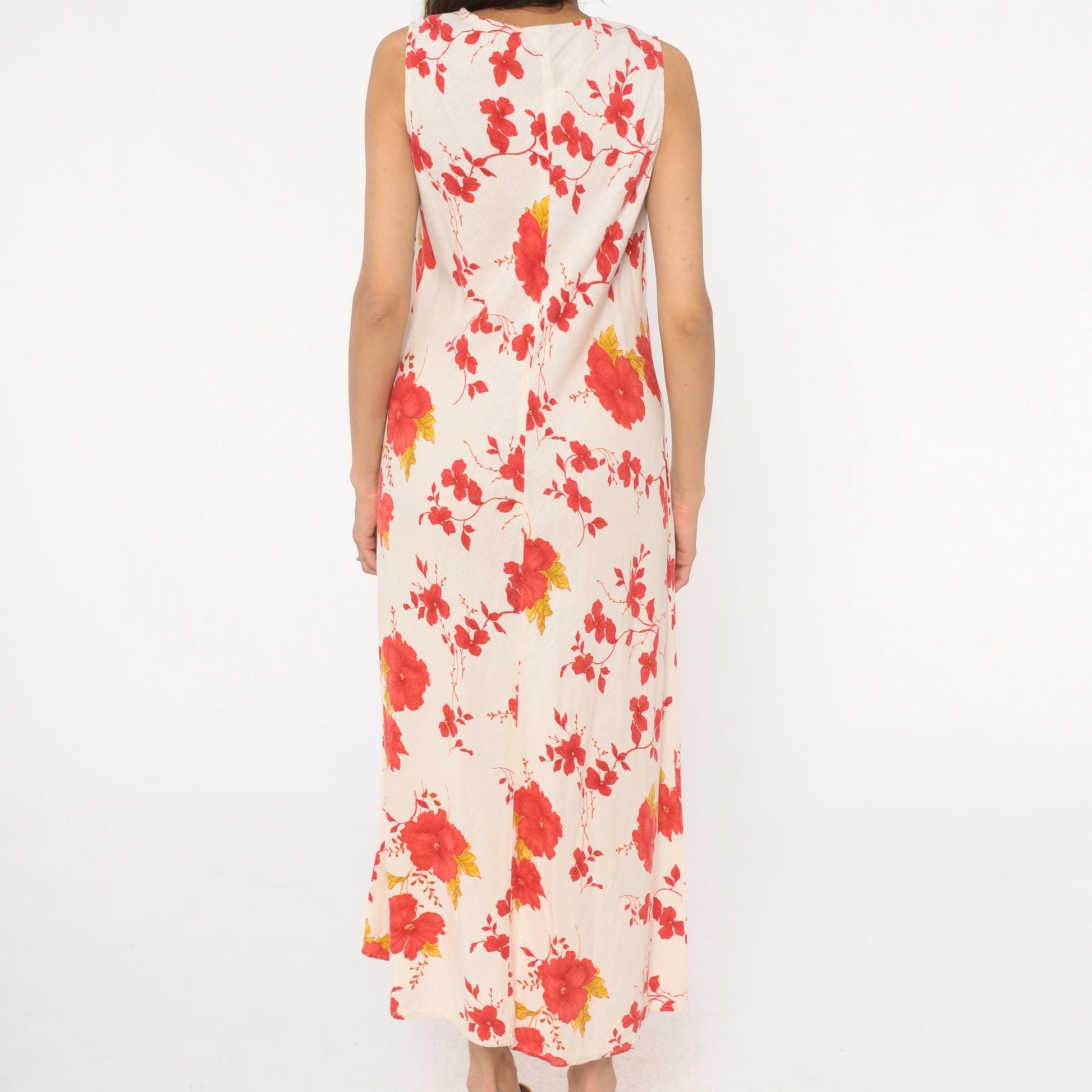 90s Lennie New York Floral Linen Maxi Dress Cream Red Yellow Large L