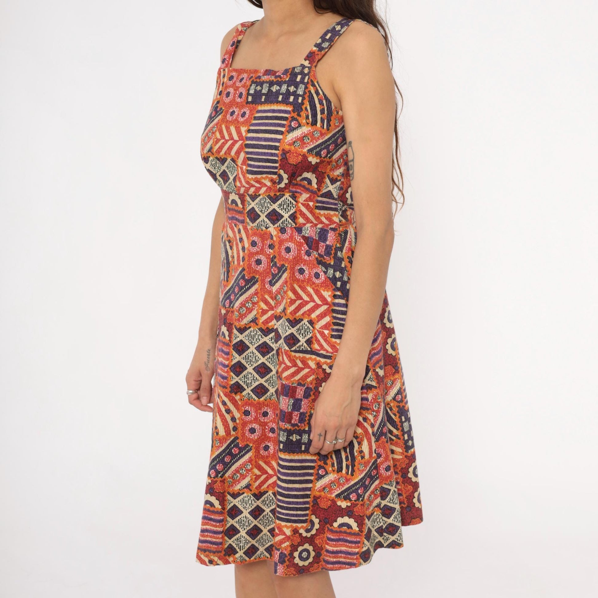 90s Geometric Patchwork Sundress Square Neck Tribal Print Small S