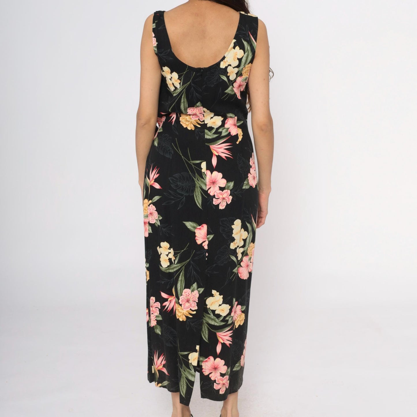 90s Caribbean Joe Black Floral Maxi Dress Tropical Print Sleeveless Large L