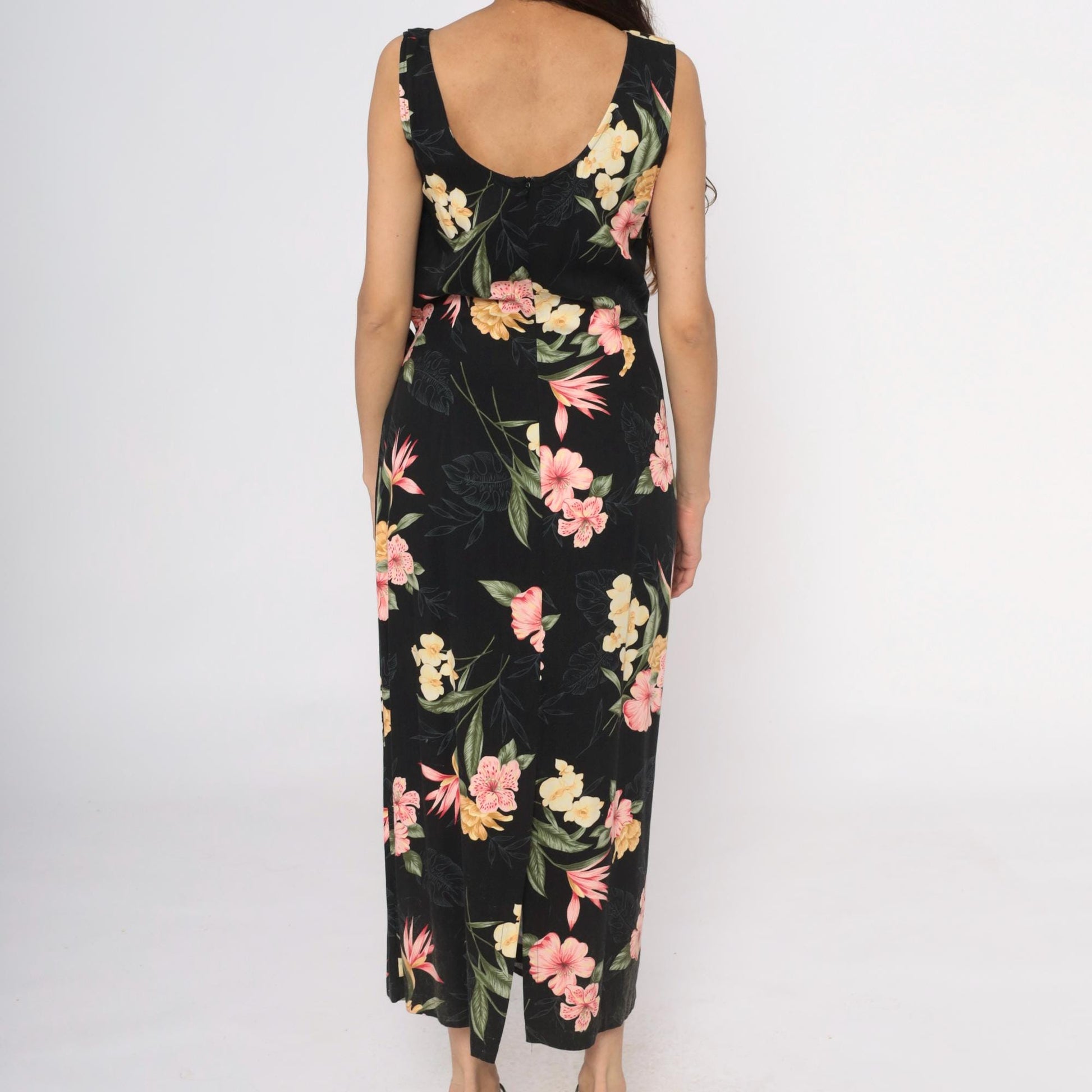 90s Caribbean Joe Black Floral Maxi Dress Tropical Print Sleeveless Large L