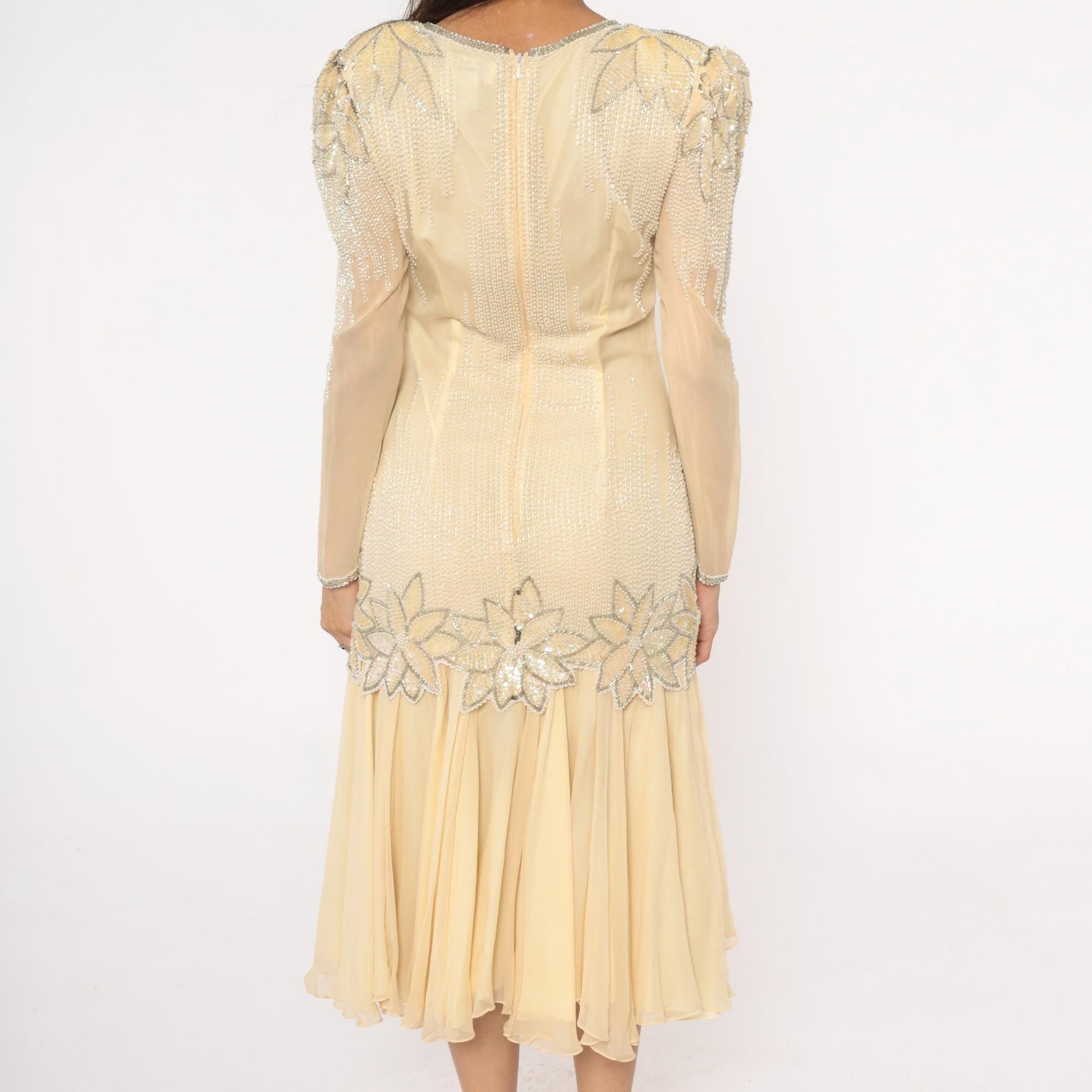 80s Sho Max Originals Silk Dress Beaded Drop Waist Cream Medium M