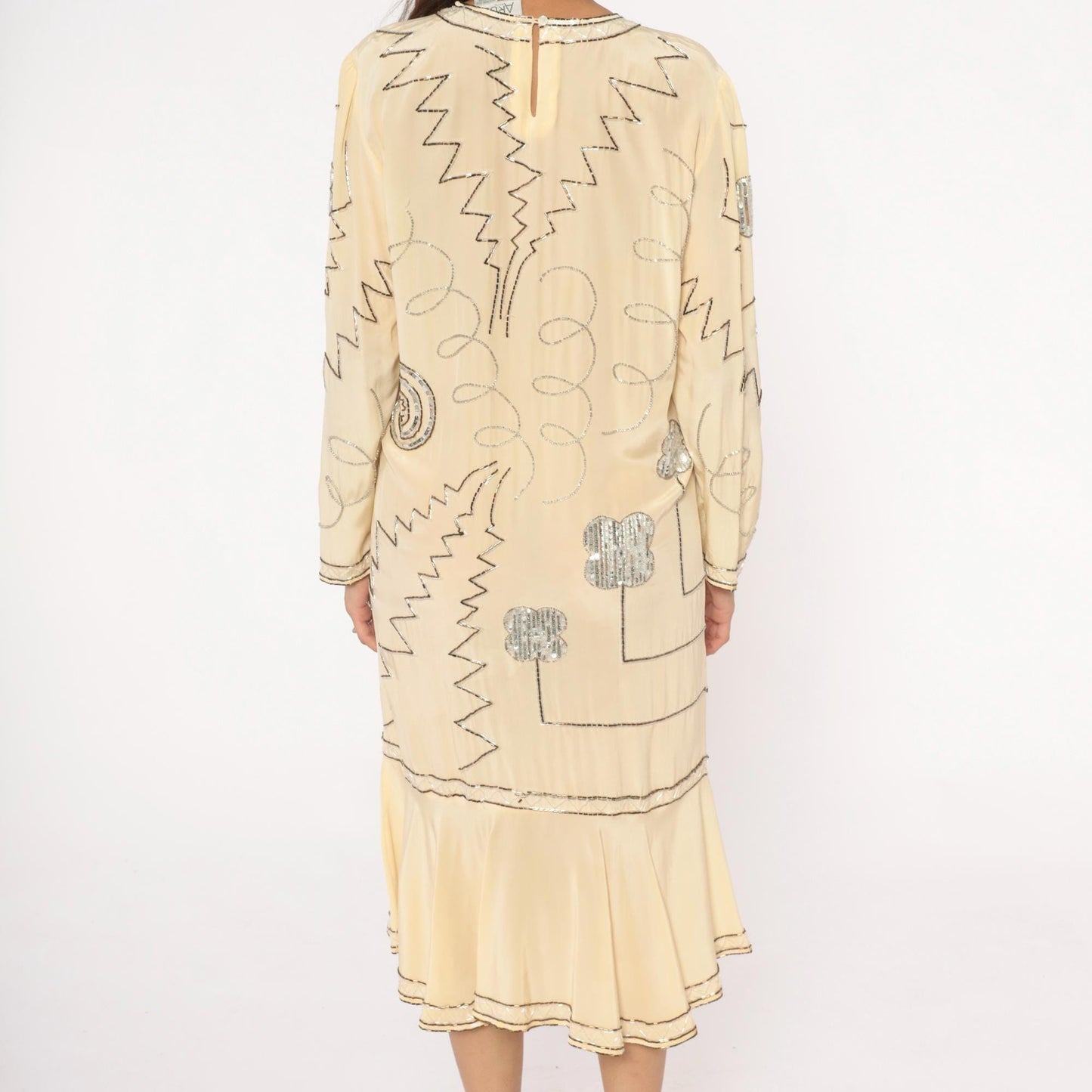 90s Argenti Silk Beaded Midi Dress Cream Drop Waist Geometric Embroidered Medium M