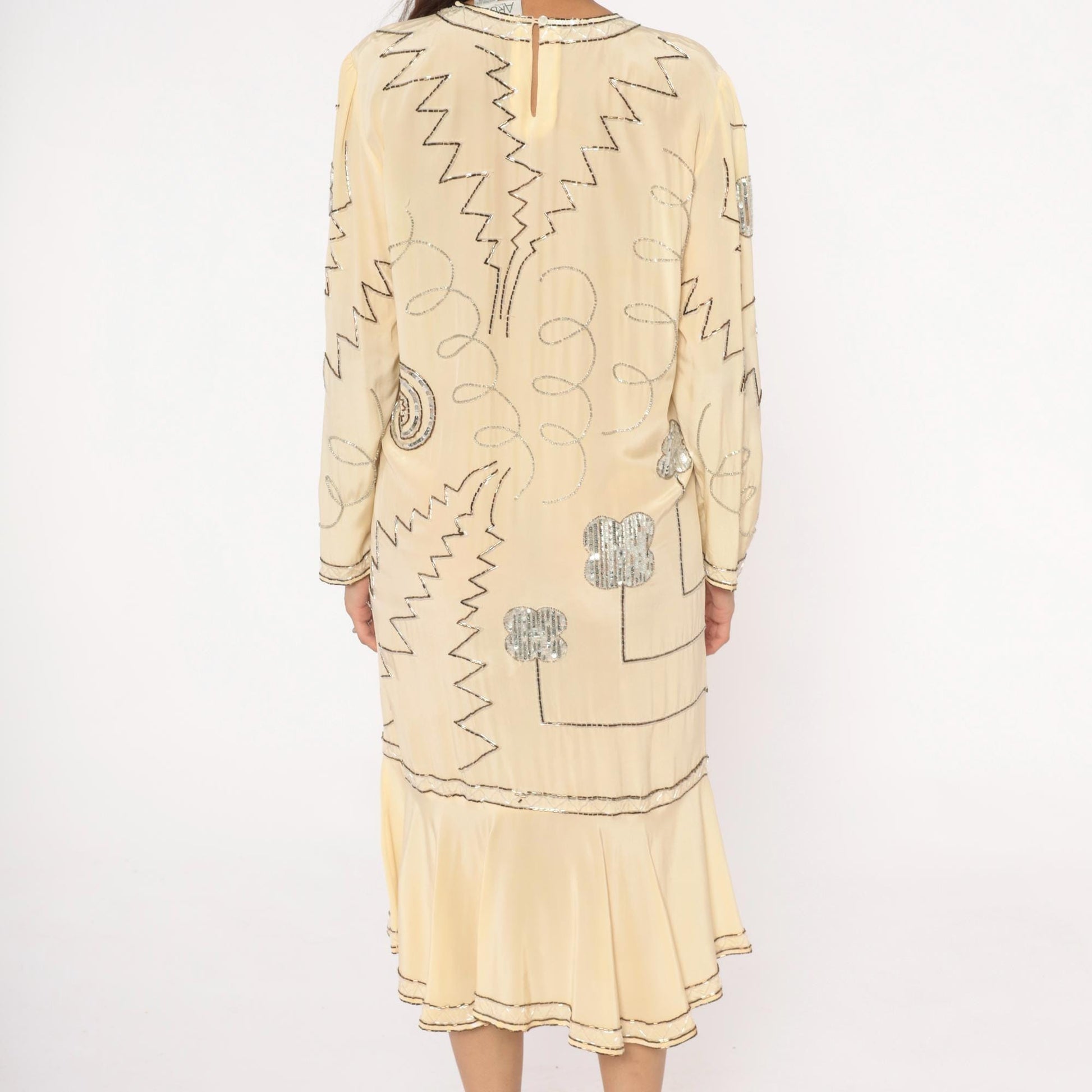 90s Argenti Silk Beaded Midi Dress Cream Drop Waist Geometric Embroidered Medium M