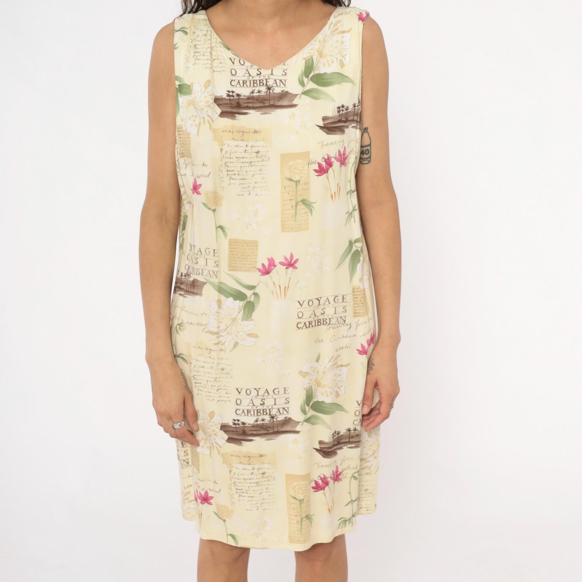 90s Caribbean Joe Tropical Shift Dress Cream Floral Postcard Print Extra Large