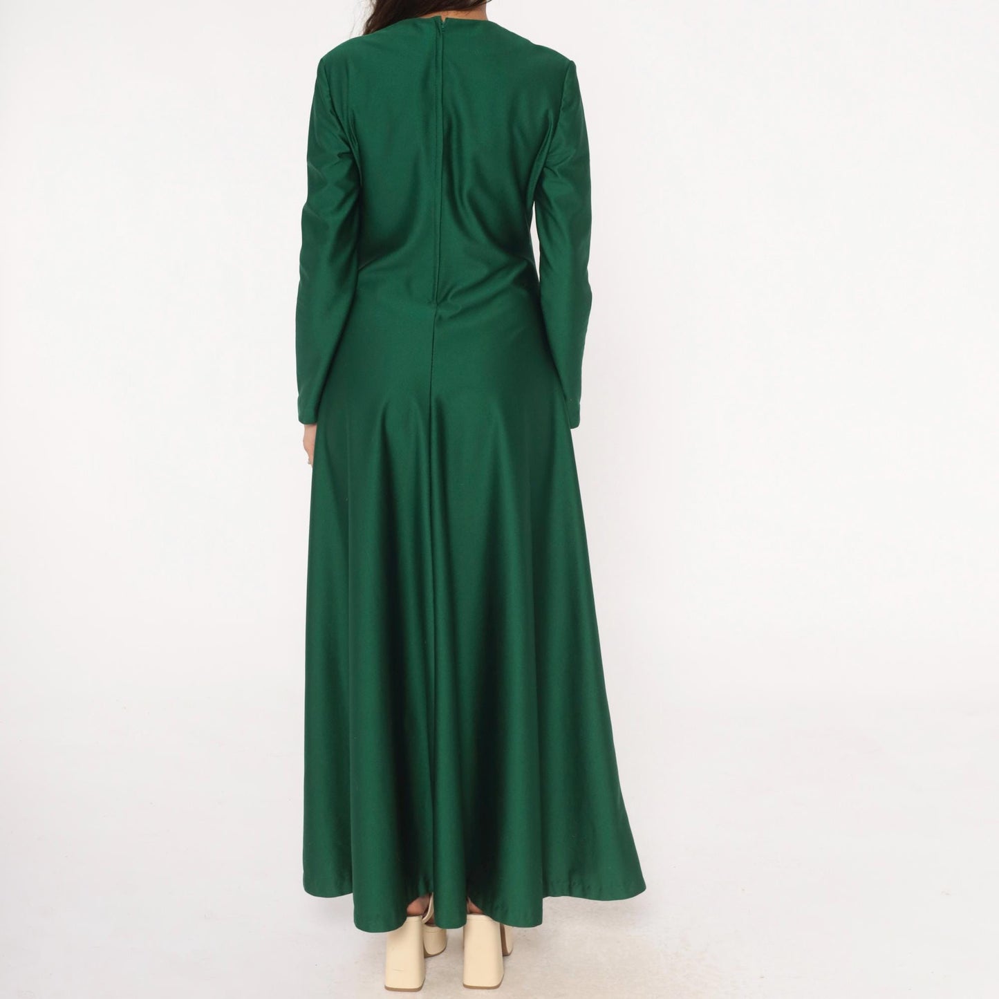 70s Green Maxi Dress Cowl Neck Long Sleeve Forest Draped Medium