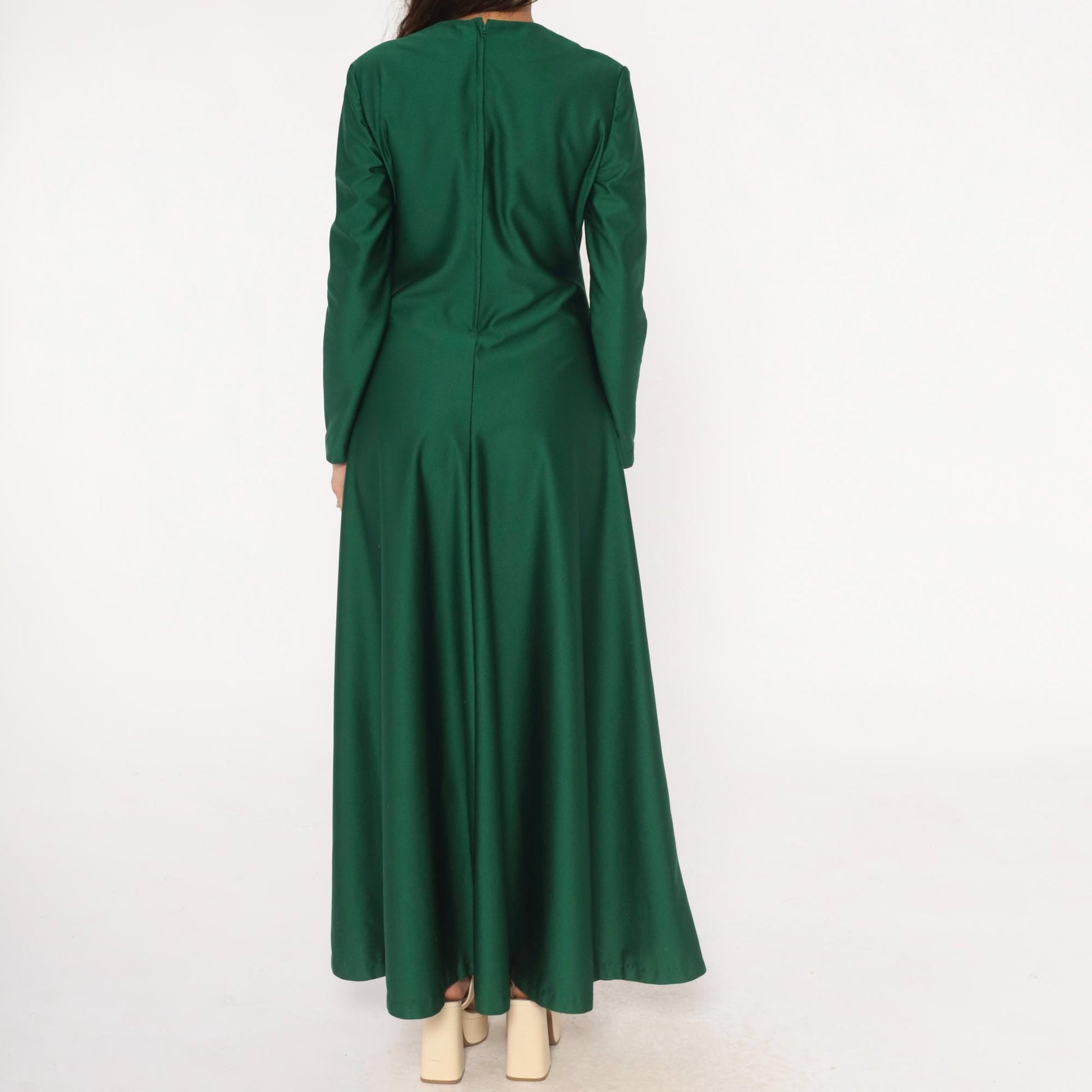 70s Green Maxi Dress Cowl Neck Long Sleeve Forest Draped Medium