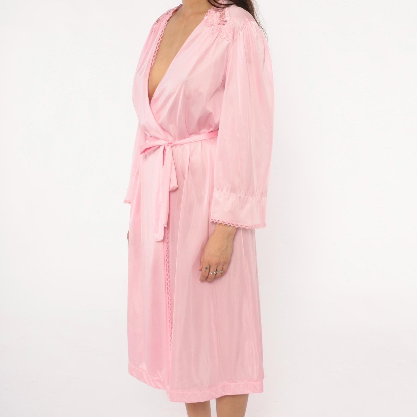 70s Lorraine Pink Lace Wrap Robe V-Neck Tie Front Lingerie Medium M