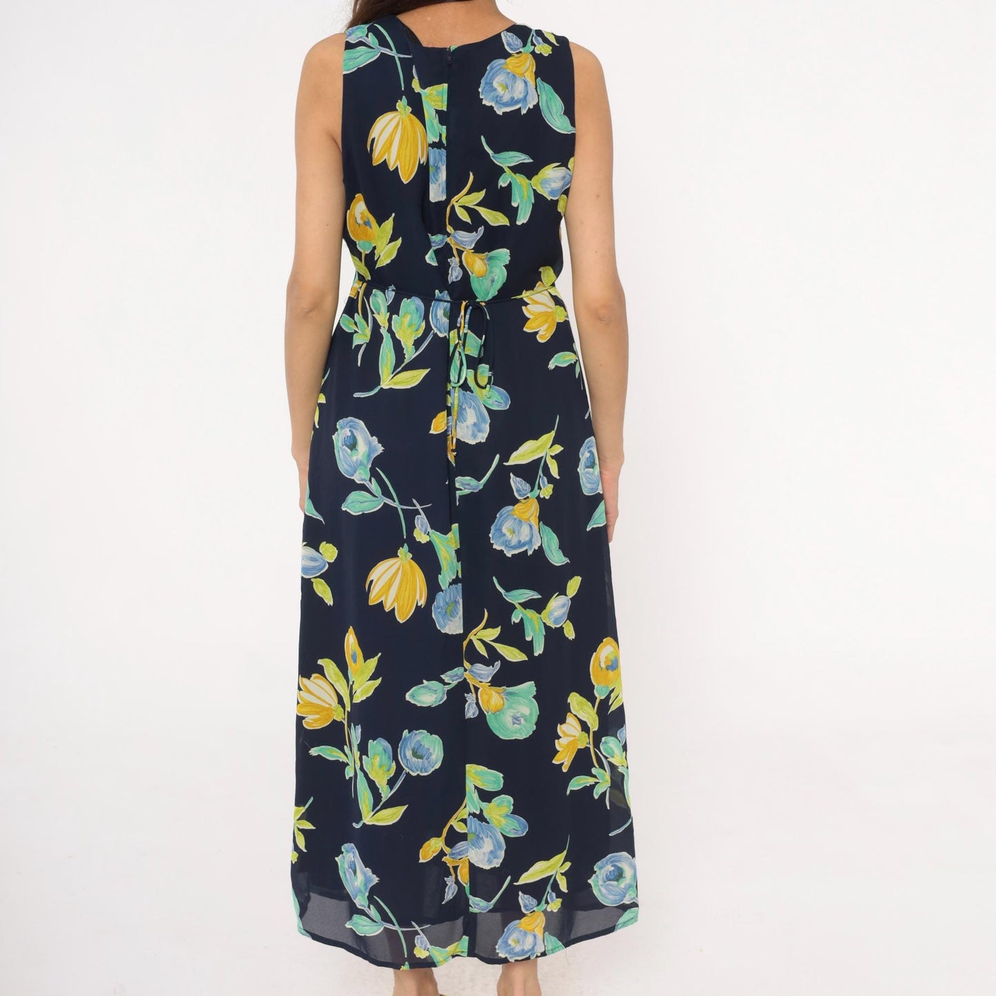 90s Bentley Floral Maxi Dress Navy Blue Yellow Green Scoop Neck Large L