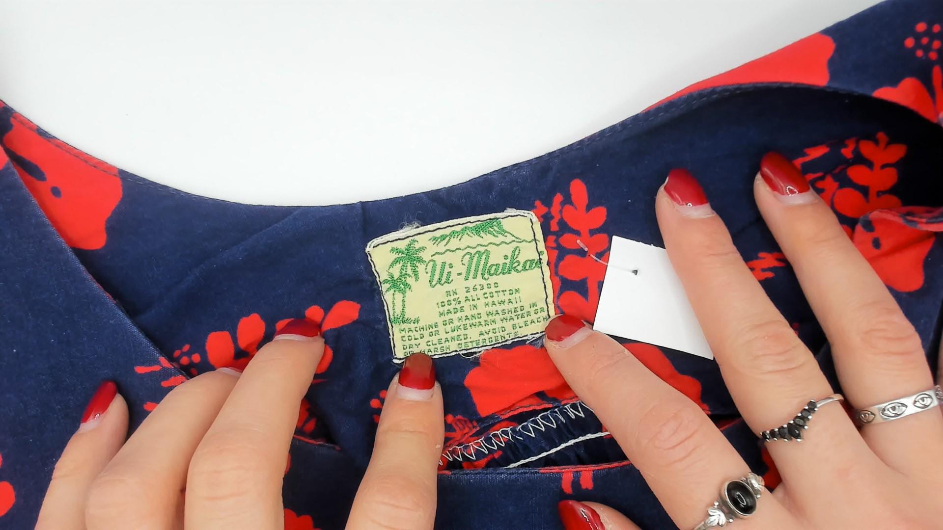 80s Ui-Makai Hawaiian Hibiscus Dress Navy Blue Red Floral Sleeveless Small