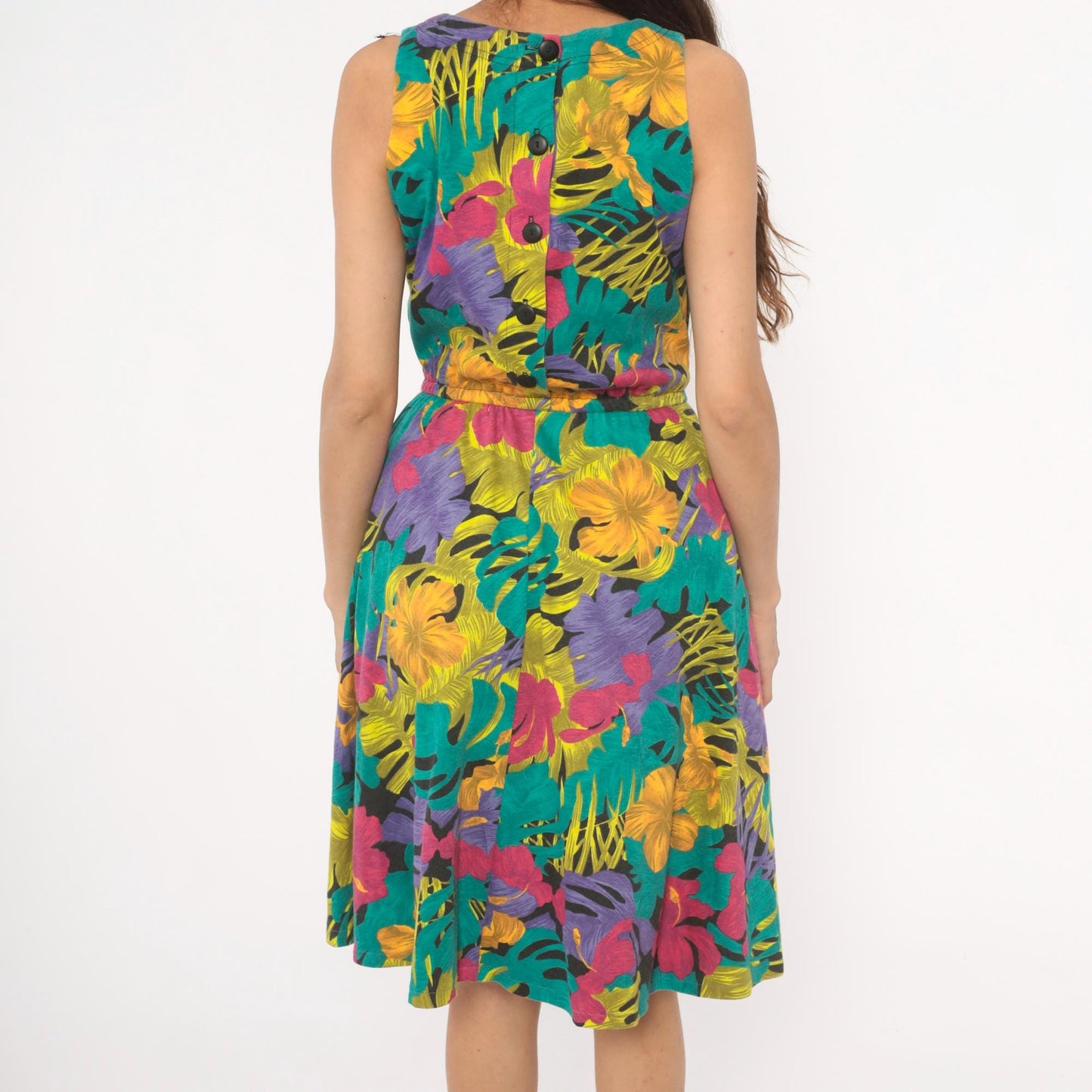 90s Ifi Tropical Floral Sundress Hibiscus Monstera Print Scoop Neck Medium M