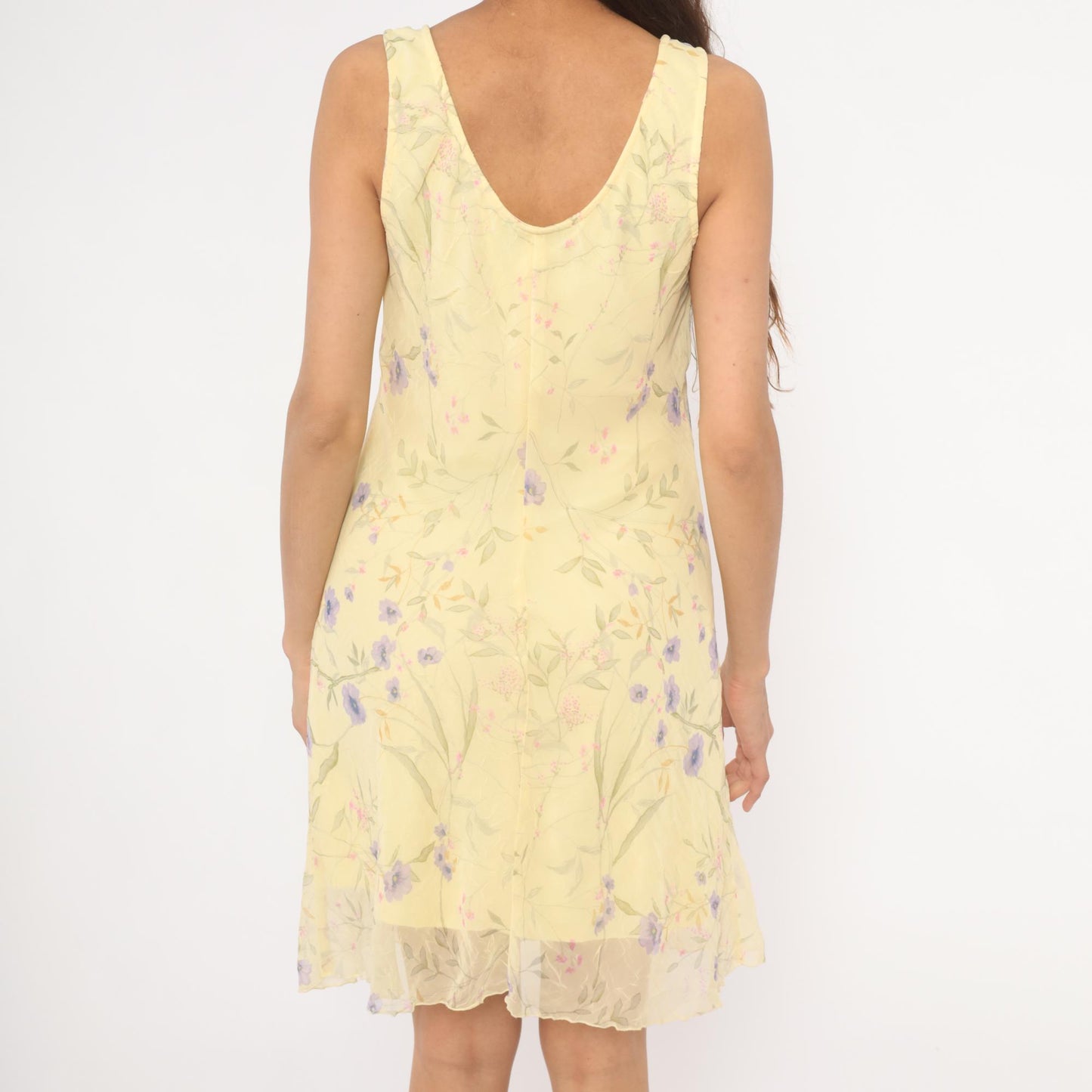 90s City Triangles Floral Chiffon A-Line Dress Yellow Lavender Small