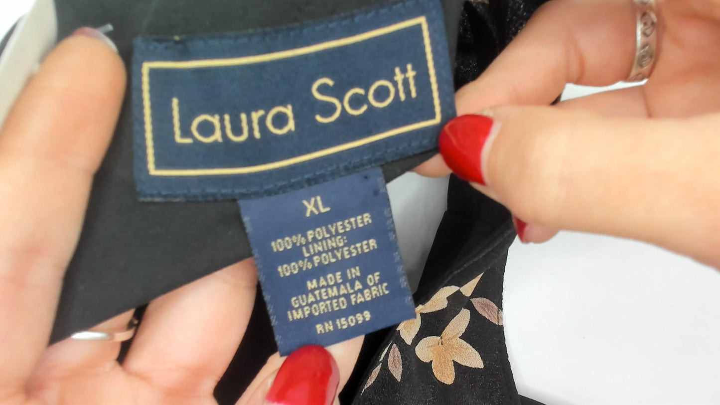 90s Laura Scott Floral Tank Dress Black Tan Rose Print Knee Length Extra Large XL
