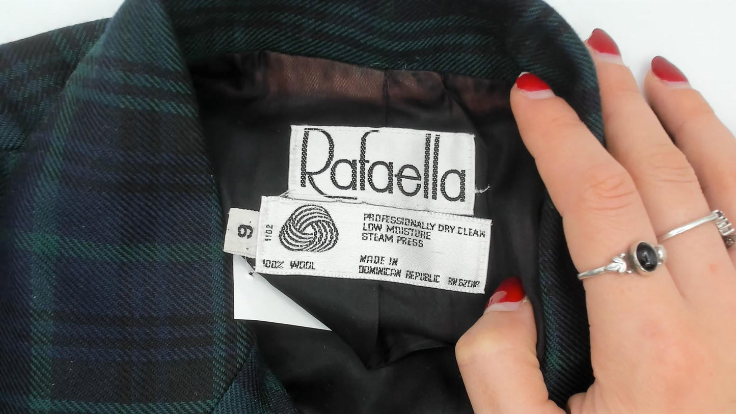 80s Rafaella Black Watch Tartan Wool Blazer Gold Button Peak Lapel Small S